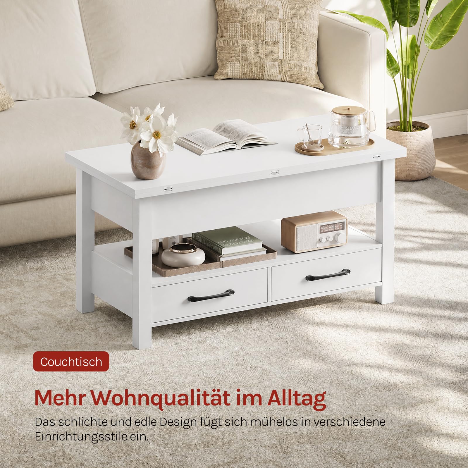WOLTU Couchtisch höhenverstellbar, Wohnzimmertisch klappbar, 2 Schubladen, 1 offenes Fach und 3 versteckte Fächer unter Tischplatte, für Wohnzimmer Homeoffice, Weiß