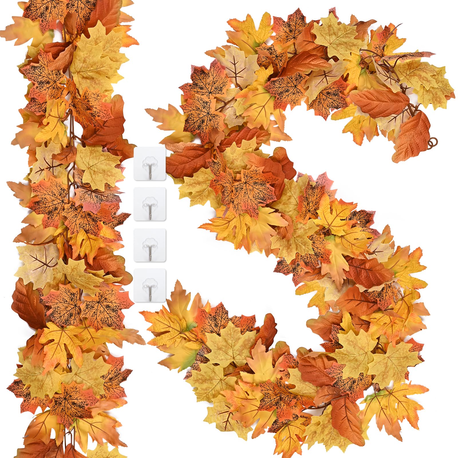 Waipfaru Fall Thanksgiving Decor, 2 Pack Fall Leaves Garland - 5.7 Ft/Piece Autumn Leaf Garland Decoration with Pumpkin, Fall Foliage Garland for Wedding Outdoor Mantle Decor (Orange - Yellow)
