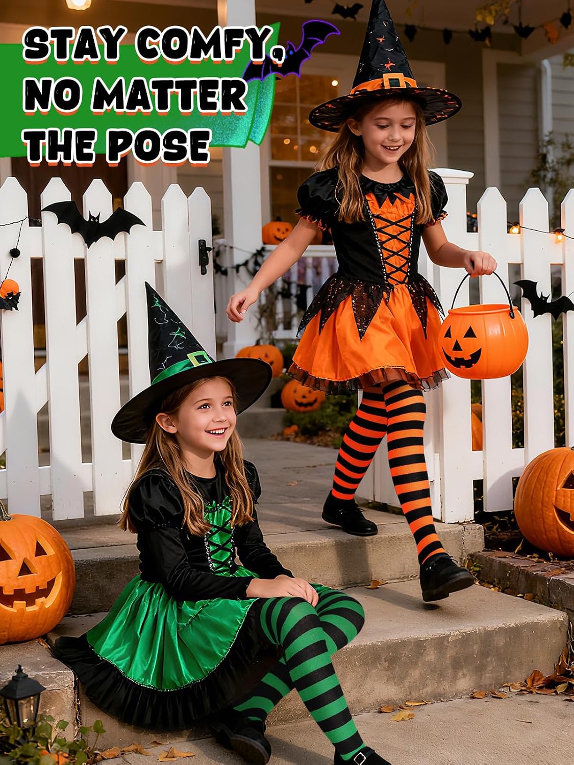 Knee High Striped Socks - Halloween Costumes Witch Stocking for Women Kids - 2 Pairs Striped