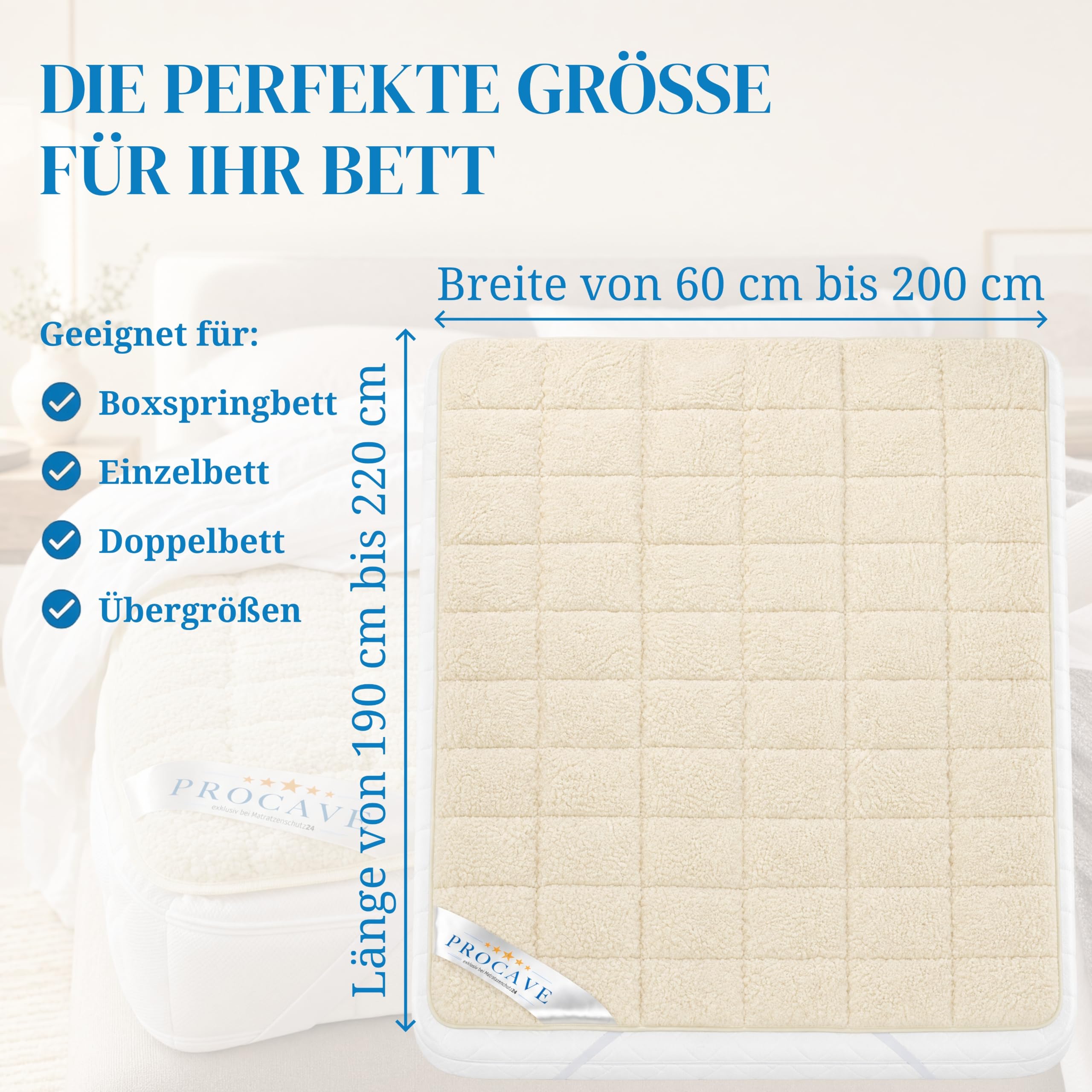 PROCAVE weiches Unterbett mit Lammflor und Schurwolle. hochwertige Matratzen-Topper. Matratzen-Schoner mit 4 Eckgummis. Matratzen-Auflage 90x200 cm