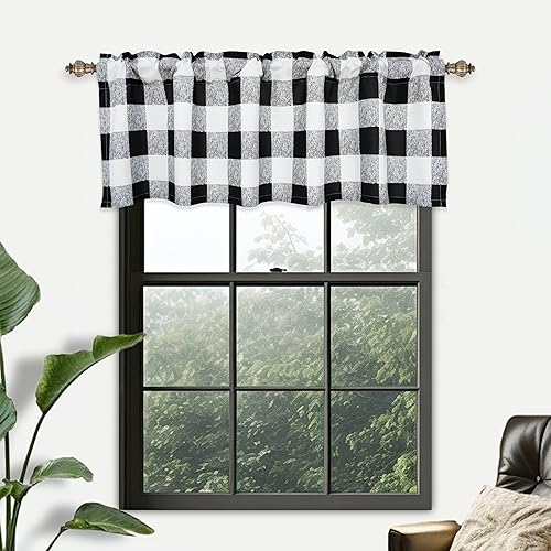 DriftAway Cortinas semitraslúcidas para ventana a cuadros, 2 paquetes de cortinas con bolsillo para barra, cenefa blanca y negra para cocina, sala