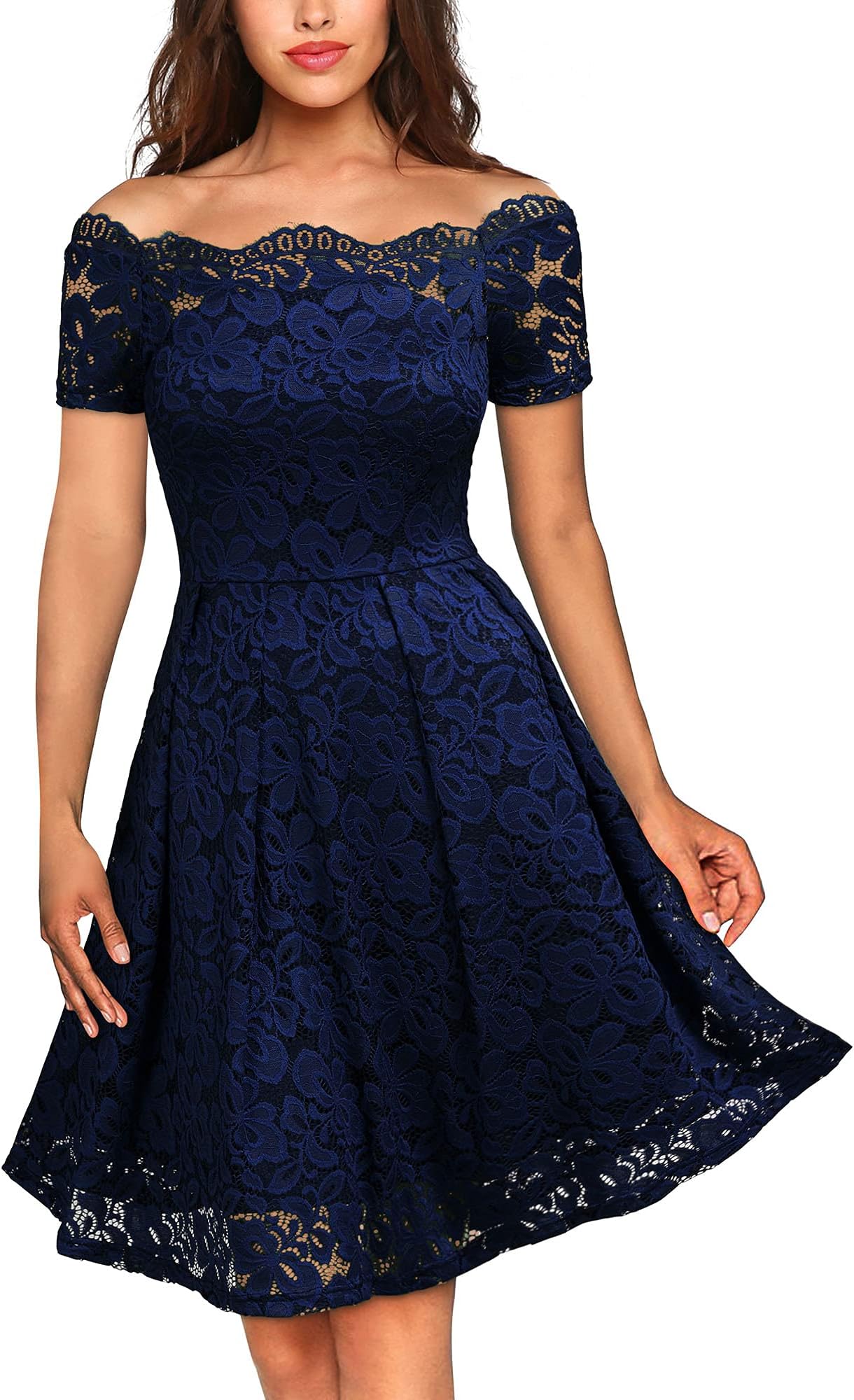 MISSMAYWomen's Vintage Floral Lace Short Sleeve Boat Neck Cocktail Party Swing Dress, Large, Navy Blue