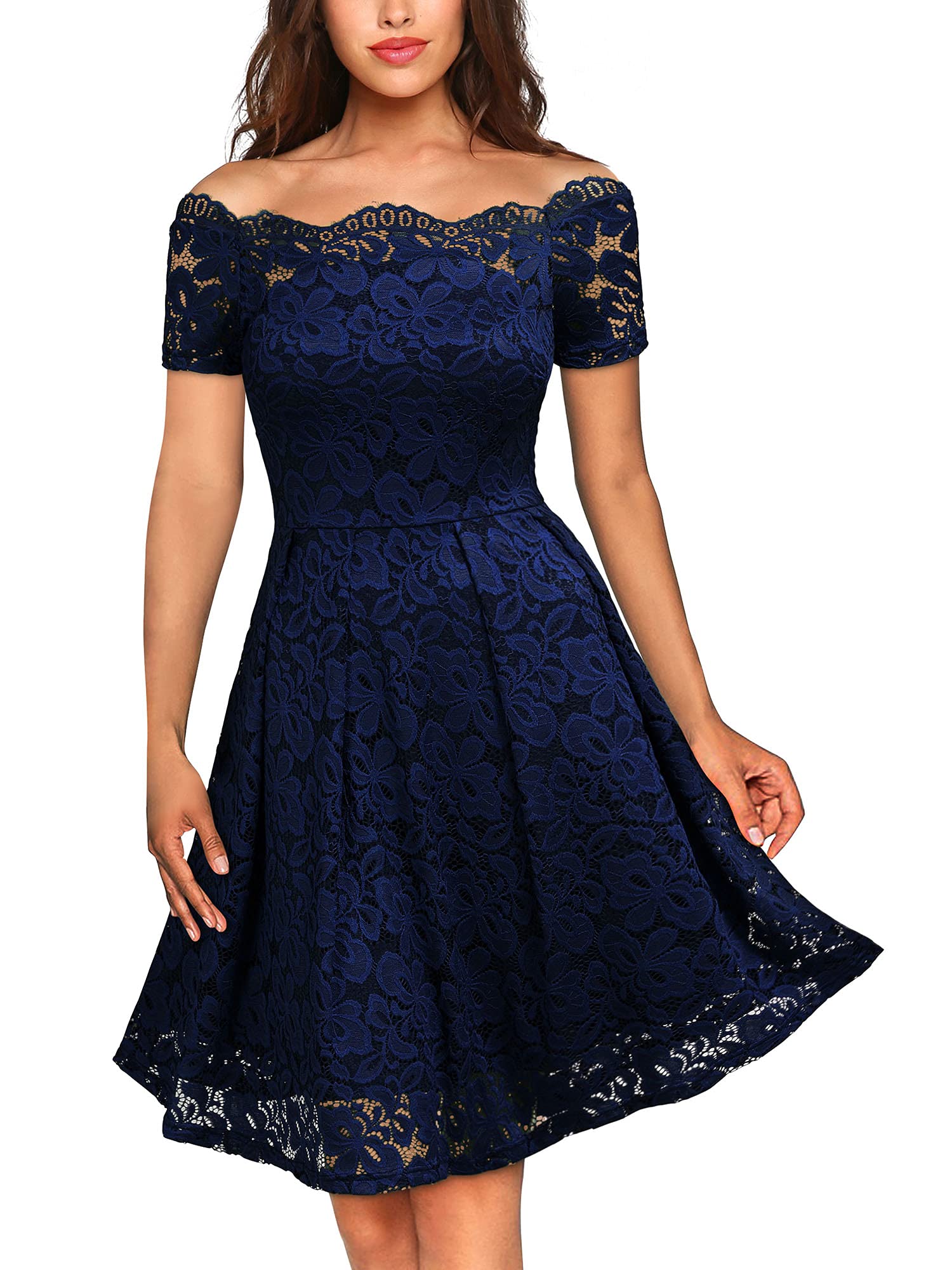 MISSMAYWomen's Vintage Floral Lace Short Sleeve Boat Neck Cocktail Party Swing Dress, Large, Navy Blue