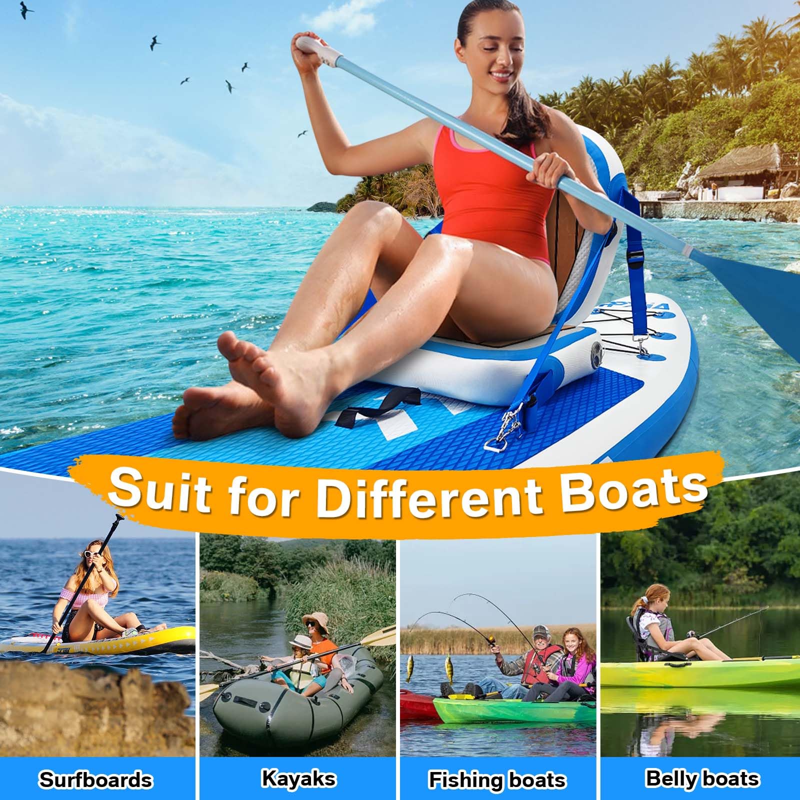 Asiento inflable para kayak con bolsa de malla y soporte para la espalda, 50 x 50 cm, universal, grueso, cojín ajustable, correa ajustable, para kayak, tabla de SUP, canoa, rafting y pesca
