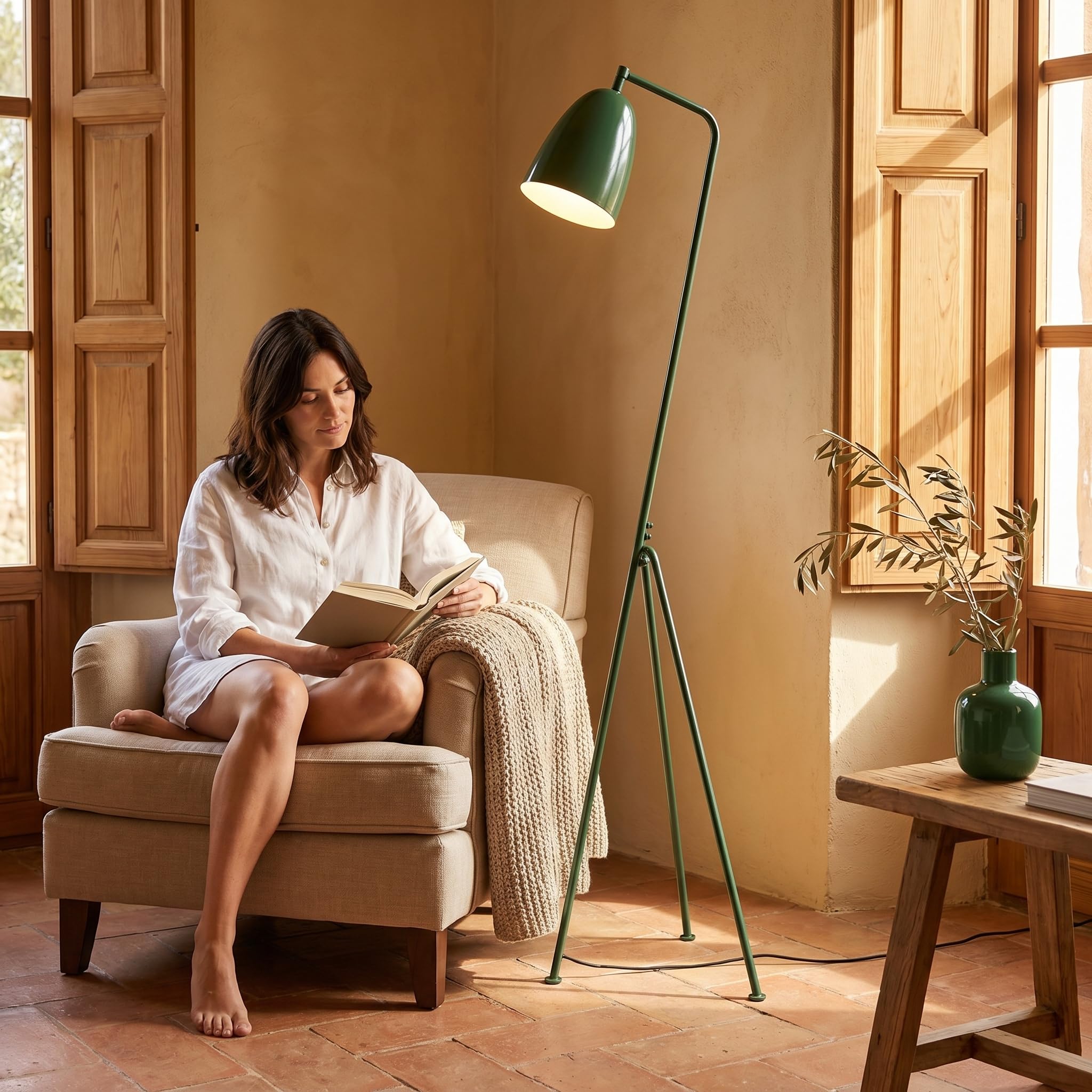 BARCELONA LED Lampa Podłogowa Shoppen Zielona, Nowoczesna Lampa Trójnóg Mid Century, Regulowany Klosz E27, Skandynawska Lampa Vintage do Salonu Sypialni Biura