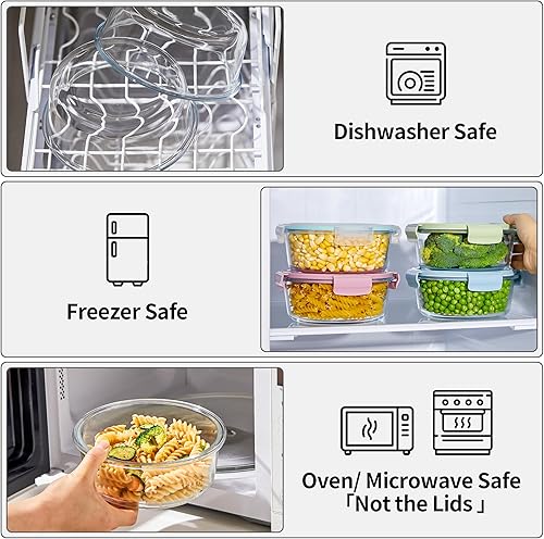 Vista 3 de 8 piezas de recipientes redondos de vidrio con tapas herméticas, juego de 4 recipientes de almacenamiento de vidrio de 4 tazas, recipientes