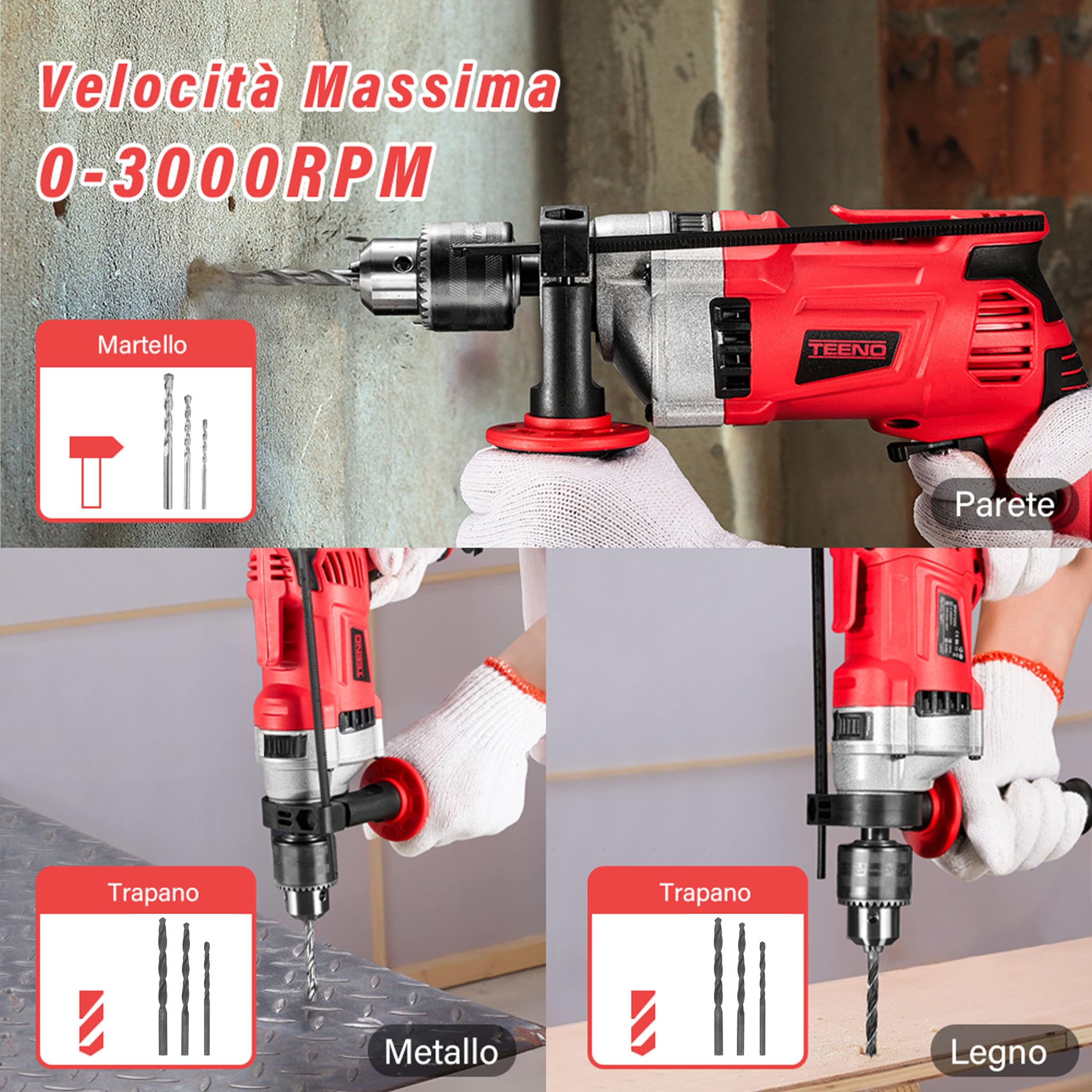 TEENO Trapano a Percussione Elettrico Filo 910 W, Trapano Elettrico a Filo 0-3000RPM, Pulsante di Velocità Variabile, 37 Pezzi Cassetta Attrezzi Completa, Mandrino 13 mm, Mattoni, Legno, Acciaio