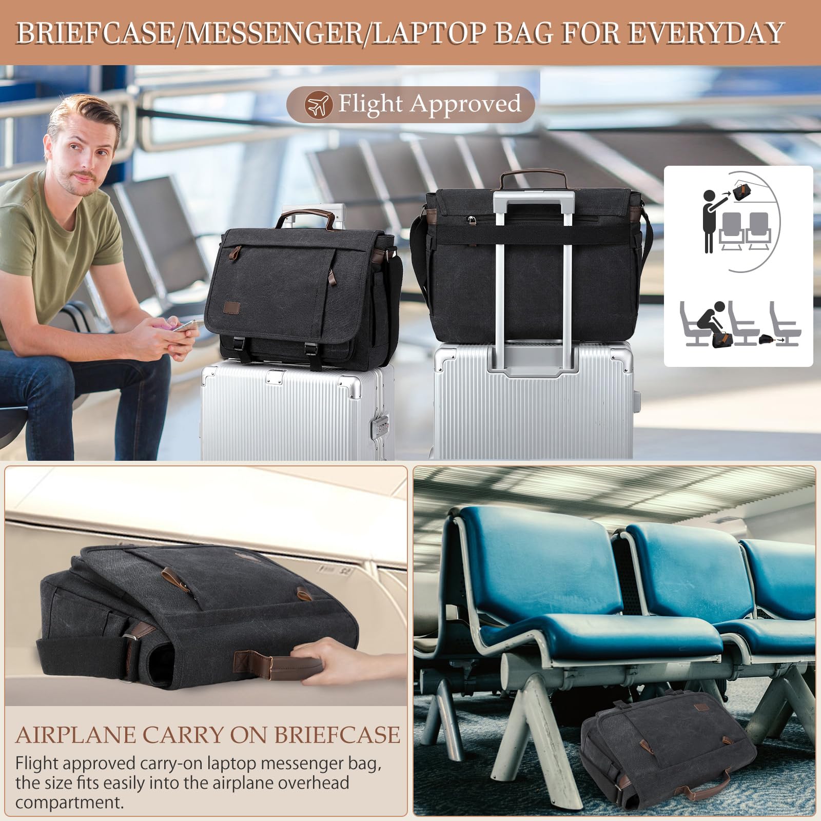 Kuriertasche für Herren, 39,5 - 43,9 cm (15,7 - 17,3 Zoll): 2 Stück Laptoptasche, Arbeitstasche, Leder, Leinen, Aktentasche, Handgepäcktasche