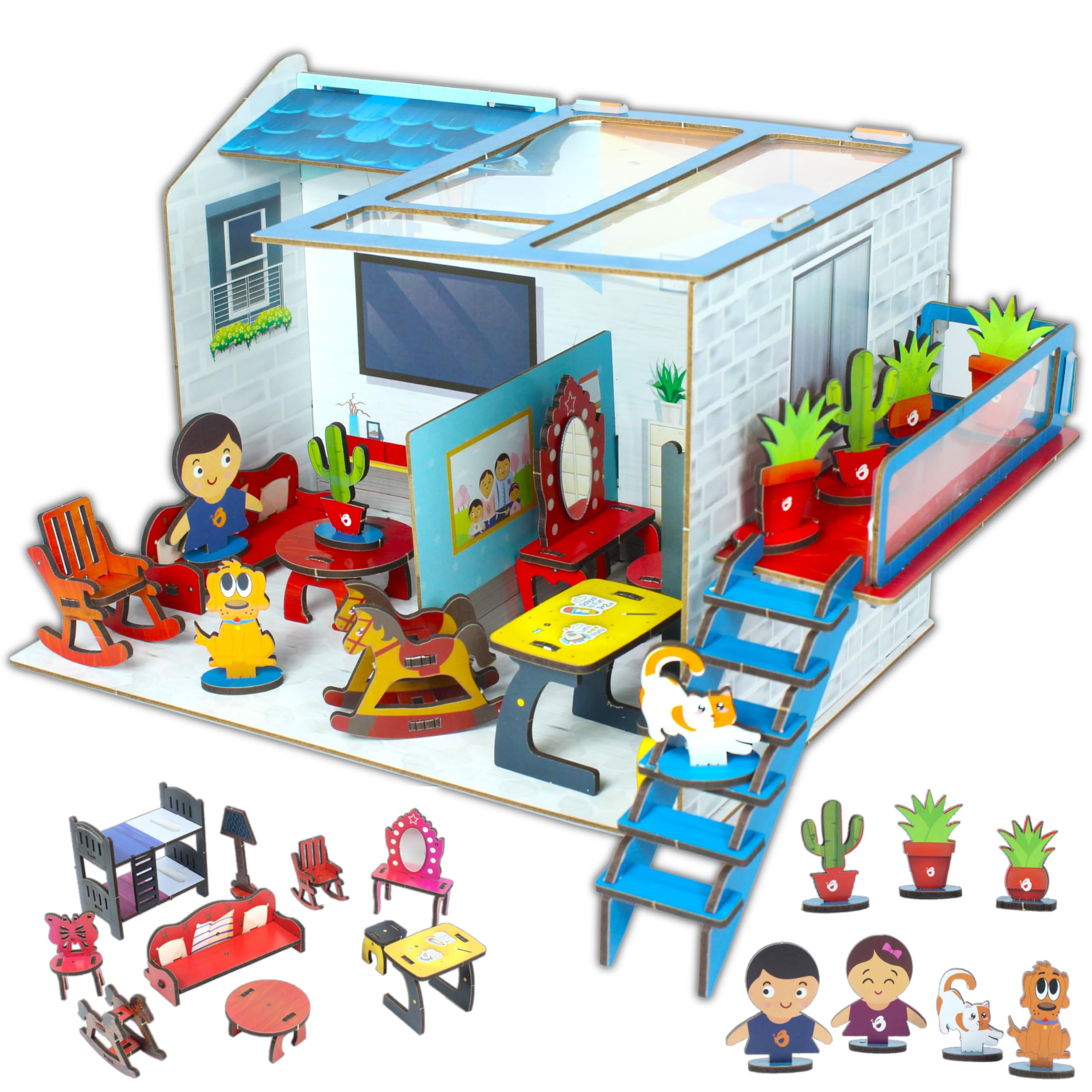 Butterfly Edufields Little Architect House para niños con 10 muebles en miniatura | Casa de muñecas eléctrica de madera para niños a partir de 5 años