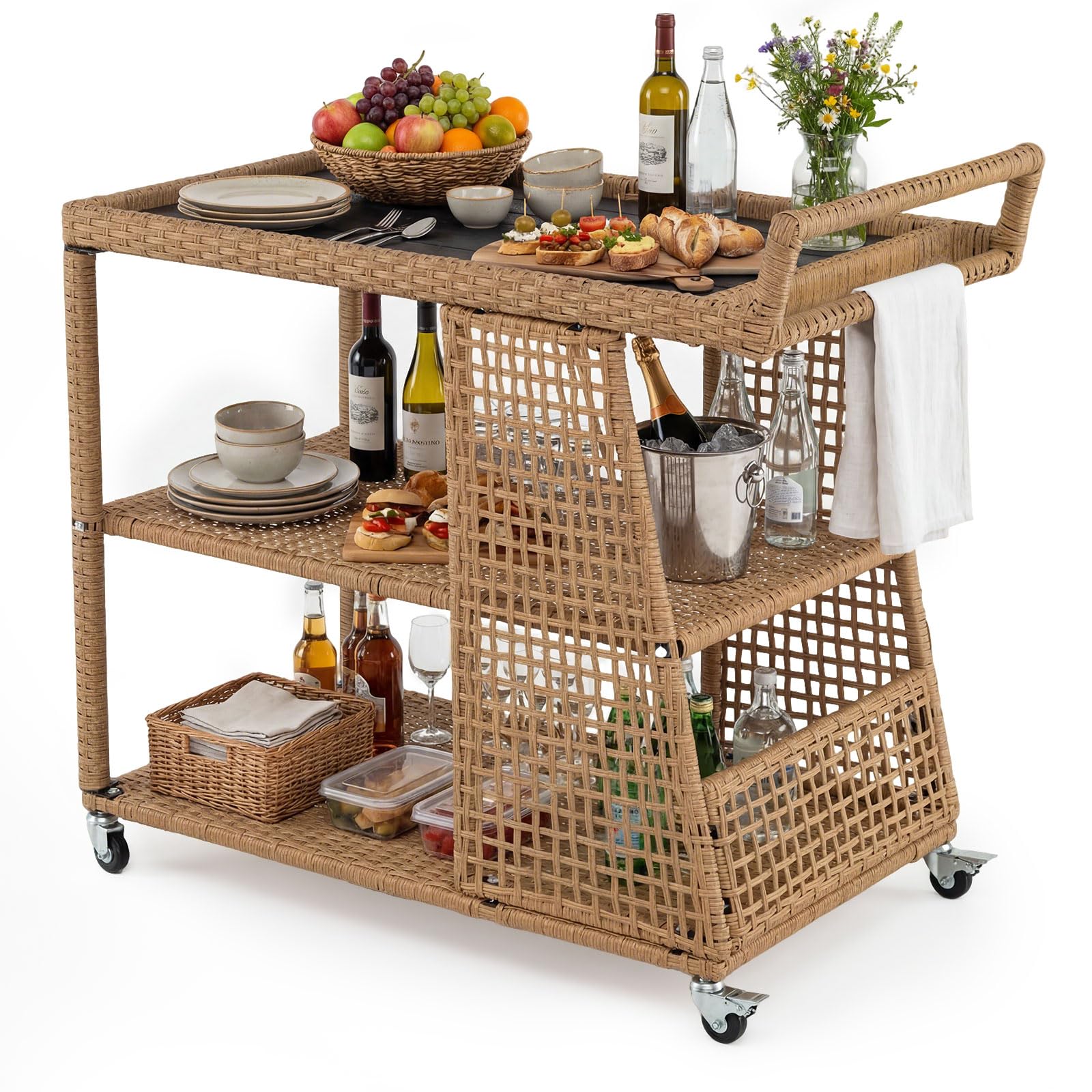 COSTWAY Carrito de Servicio de 3 Niveles, Carrito de Cocina de Ratán PE con Ruedas Universales Bloqueables, Estantes Abiertos y Asa Lateral, Mesa Auxiliar Móvil de Exterior para Jardín Patio Terraza