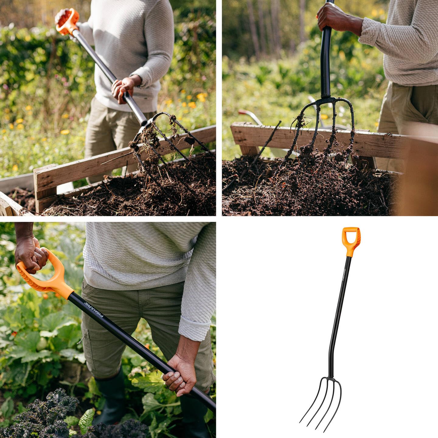 Fiskars Horca para compostar con 4 púas, Longitud: 126 cm, Púas de acero de calidad/Mango de plástico reforzado con fibra de vidrio, Negro/Naranja, Solid, 1070674