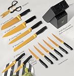Couteau noir et or avec bloc et aiguiseur – 14-Piece Couteaux d'or Tang complet avec bloc de couteau separant – Accessoires de cuisine de luxe durables pour la cuisson et la préparation; Idéal pour le cadeau