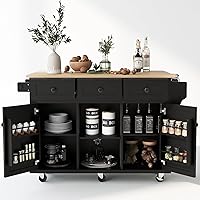 Vista 1 de LUMISOL Isla de cocina rodante con hoja abatible, carrito de cocina sobre ruedas con 3 cajones y 2 gabinetes, isla trolley portátil de madera
