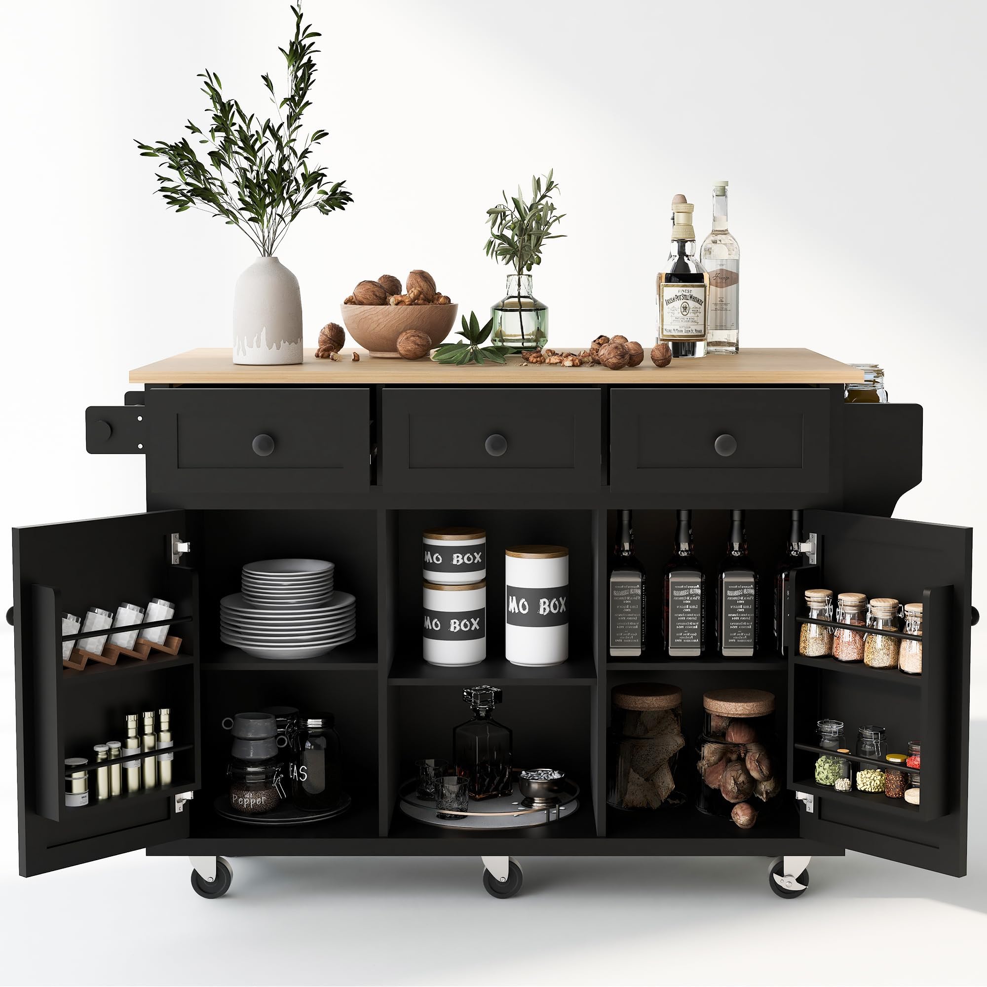 LUMISOL Rolling Kitchen Island with Drop Leaf, Kitchen Cart with 3 Drawers and 2 Cabinets, Wood Portable Trolley Island with Door Storage Racks, for Dinning Room, Black