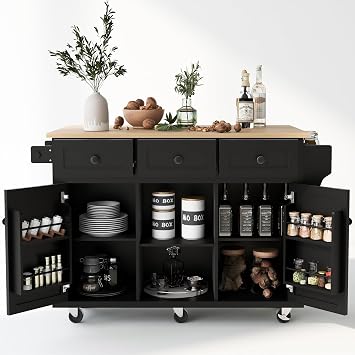 LUMISOL Rolling Kitchen Island with Drop Leaf, Kitchen Cart with 3 Drawers and 2 Cabinets, Wood Portable Trolley Island with Door Storage Racks, for Dinning Room, Black