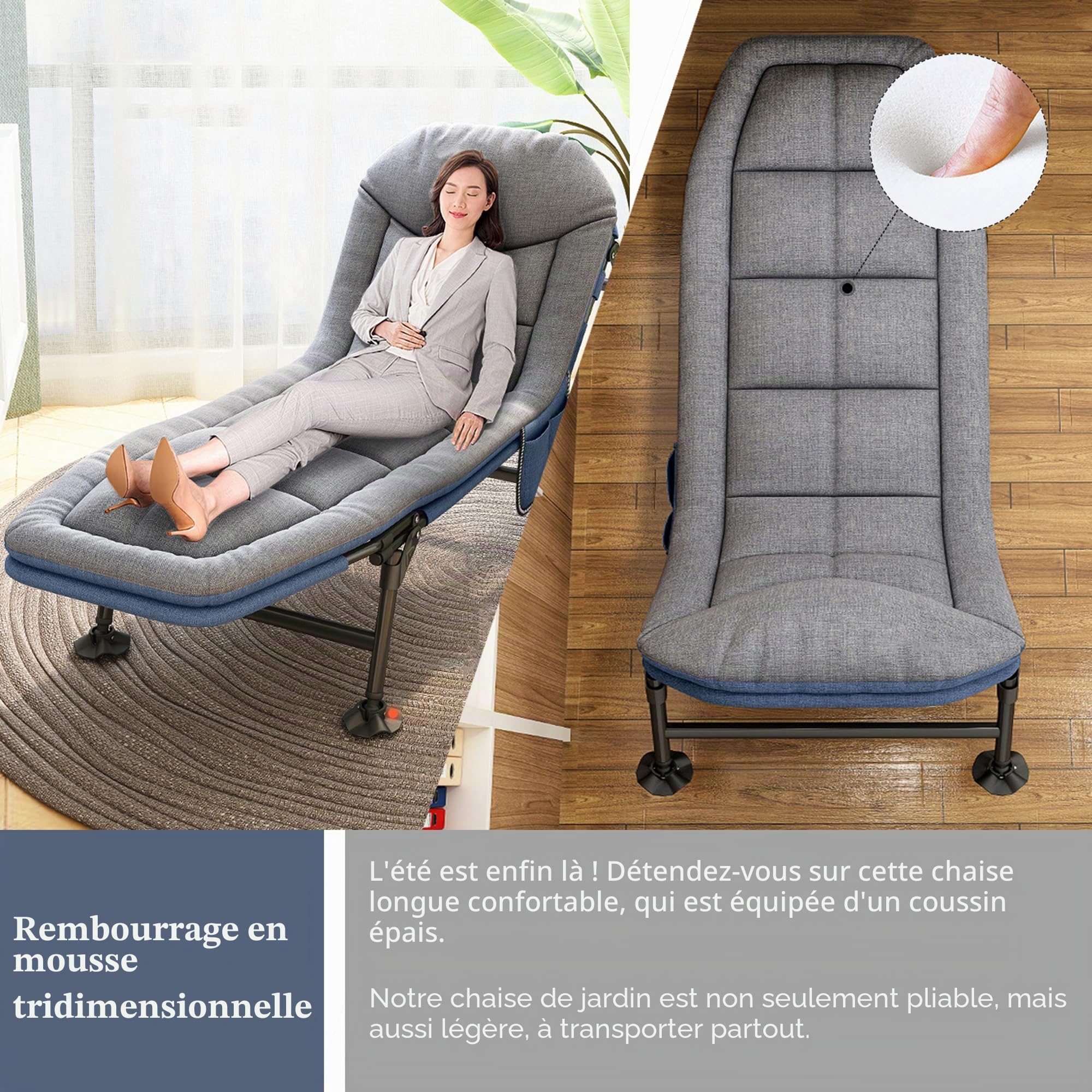 Chaise Longue de Camping à 6 Pieds avec Matelas, Lit de Camp Pliable pour Adultes, Portable pour l'Extérieur, Voyage, Maison, Jardin et Bureau