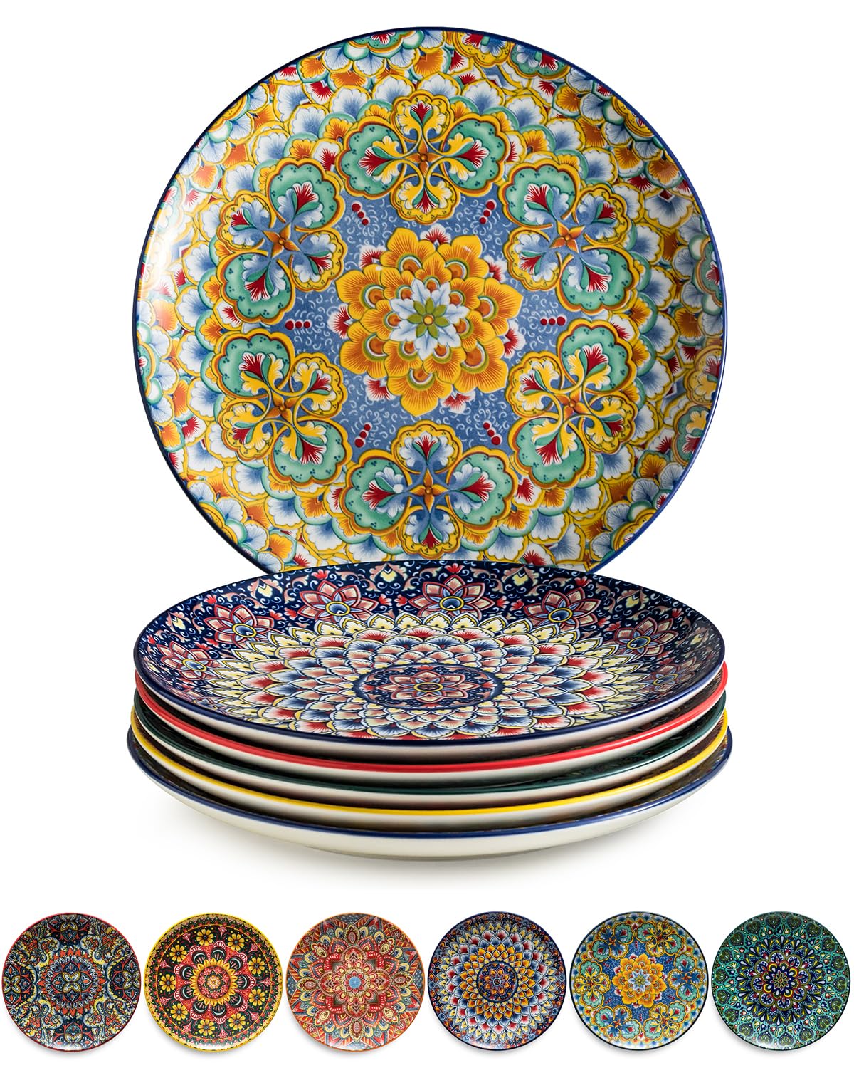 Euisail Salad Plate Set of 6, 8.5 Inch Dinner Plates for Salad, Pasta, Dessert,Steak, Appetizers Colorful Bohemian Style Dishes for Kitchen