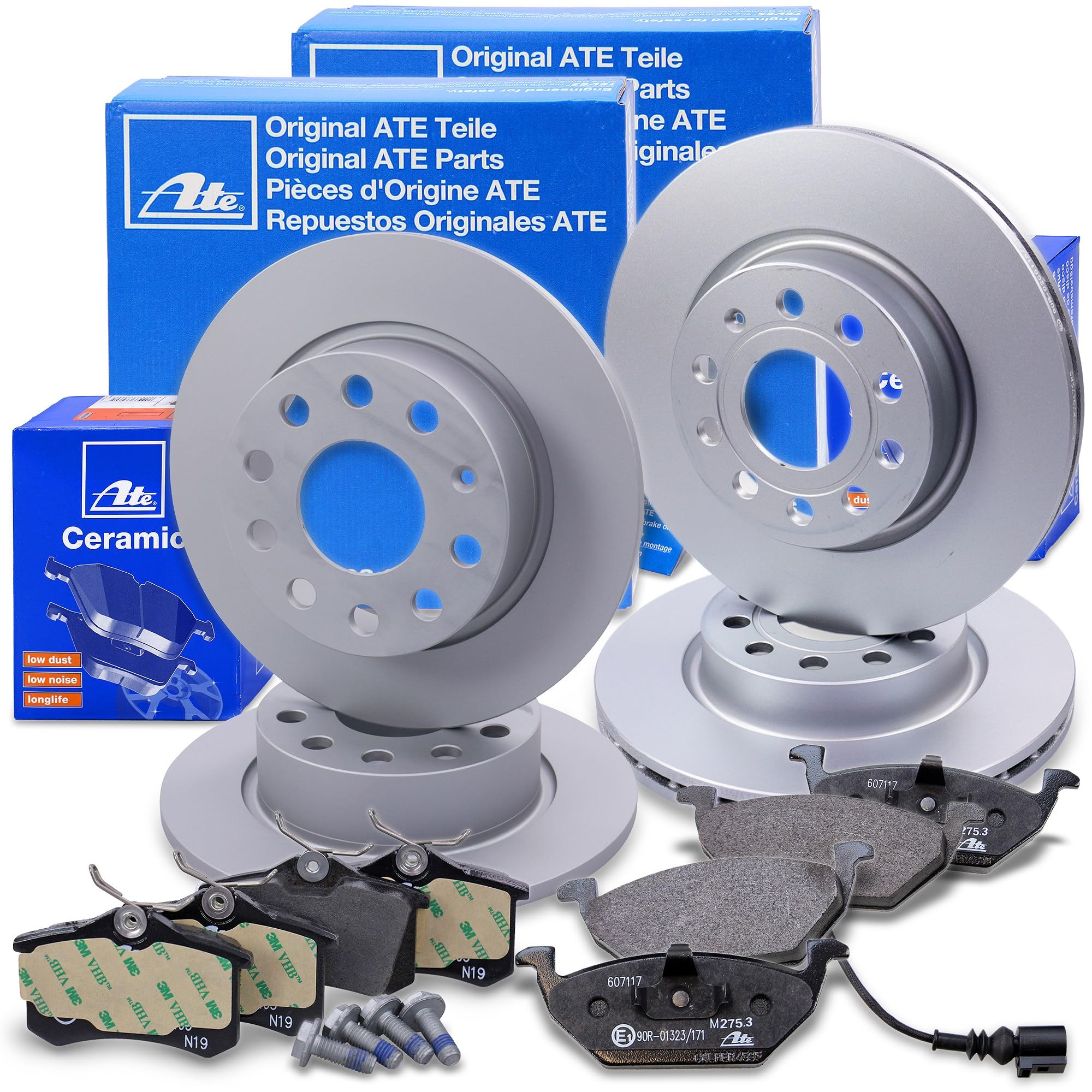 ATE Set di freni +dischi freno anteriori ¯ 280mm ventilati +posteriori ¯ 253mm pieni e pastiglie freno in ceramica anteriori +posteriori Compatibile con AUDI, SEAT, LEON, TOLEDO, SKODA, YETI, VW