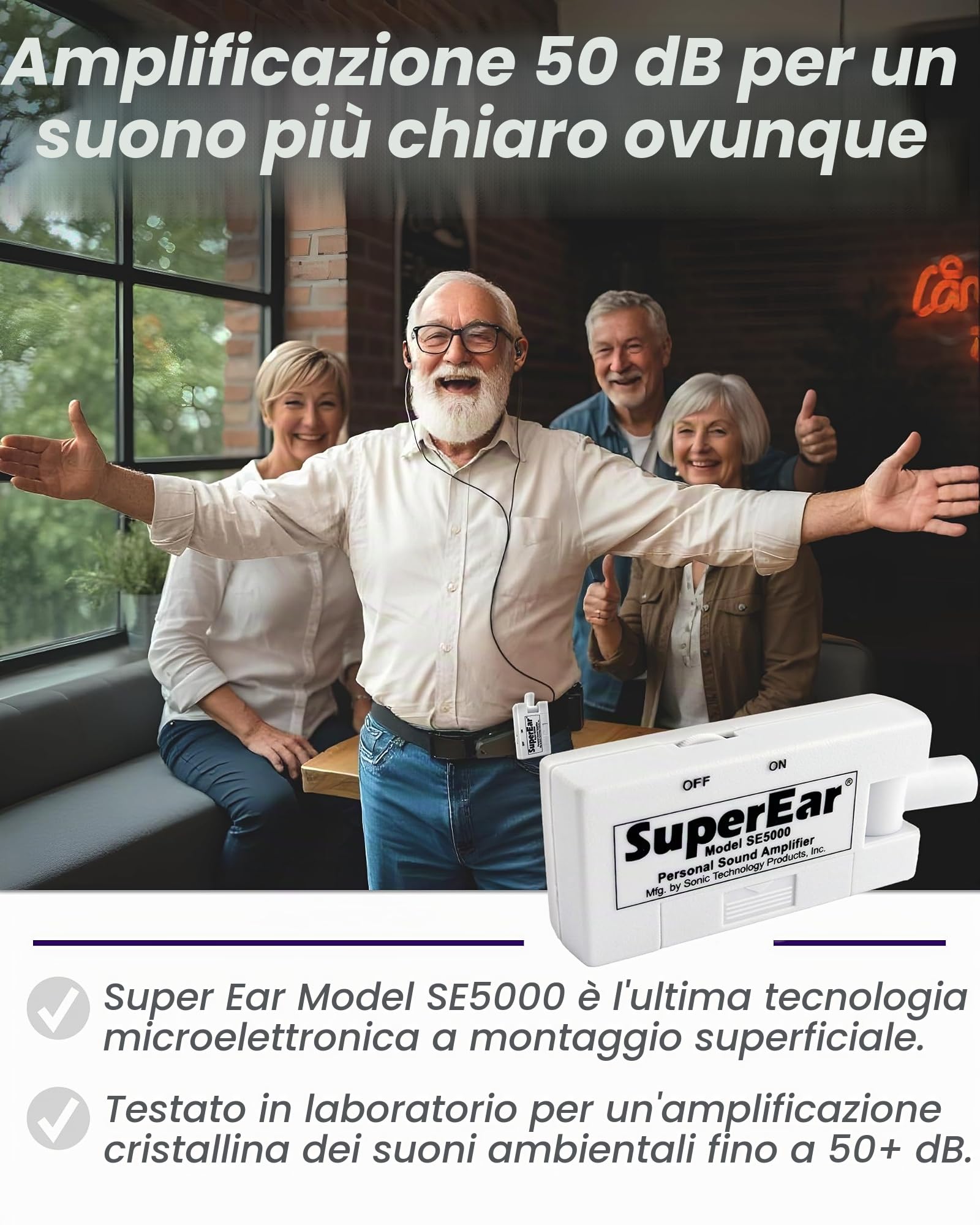 Amplificatore audio personale SuperEar modello SE5000 (PSAP), guadagno 50 dB, amplificatore audio tascabile portatile con cuffie, auricolari, controllo volume tattile on/off