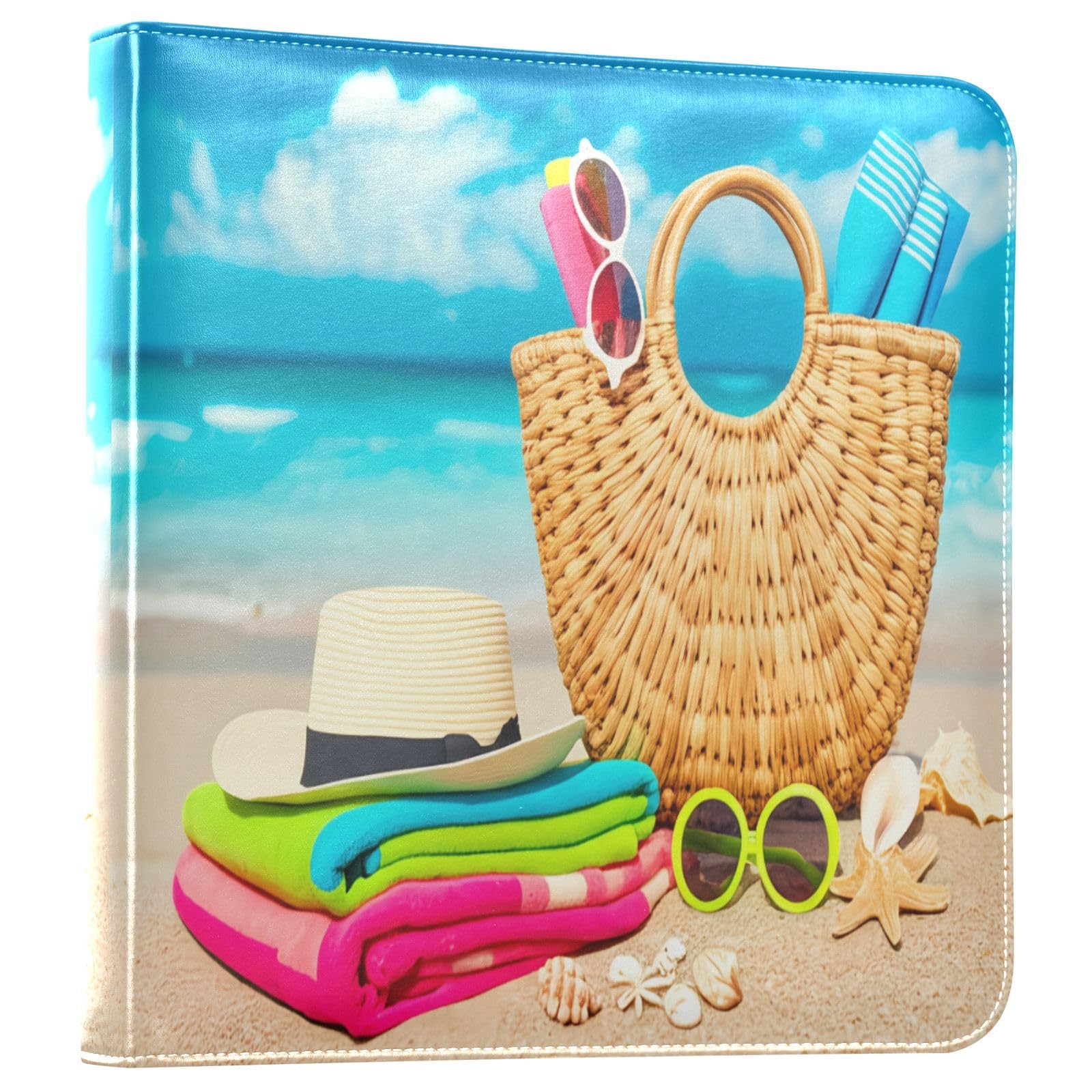 Stras Beach Sea Blue Leather Photo Album Self Adhesive Pages Scrapbook Album 3 Ring Binder Waterproof Photo Book for Wedding Travel Friends Couples
