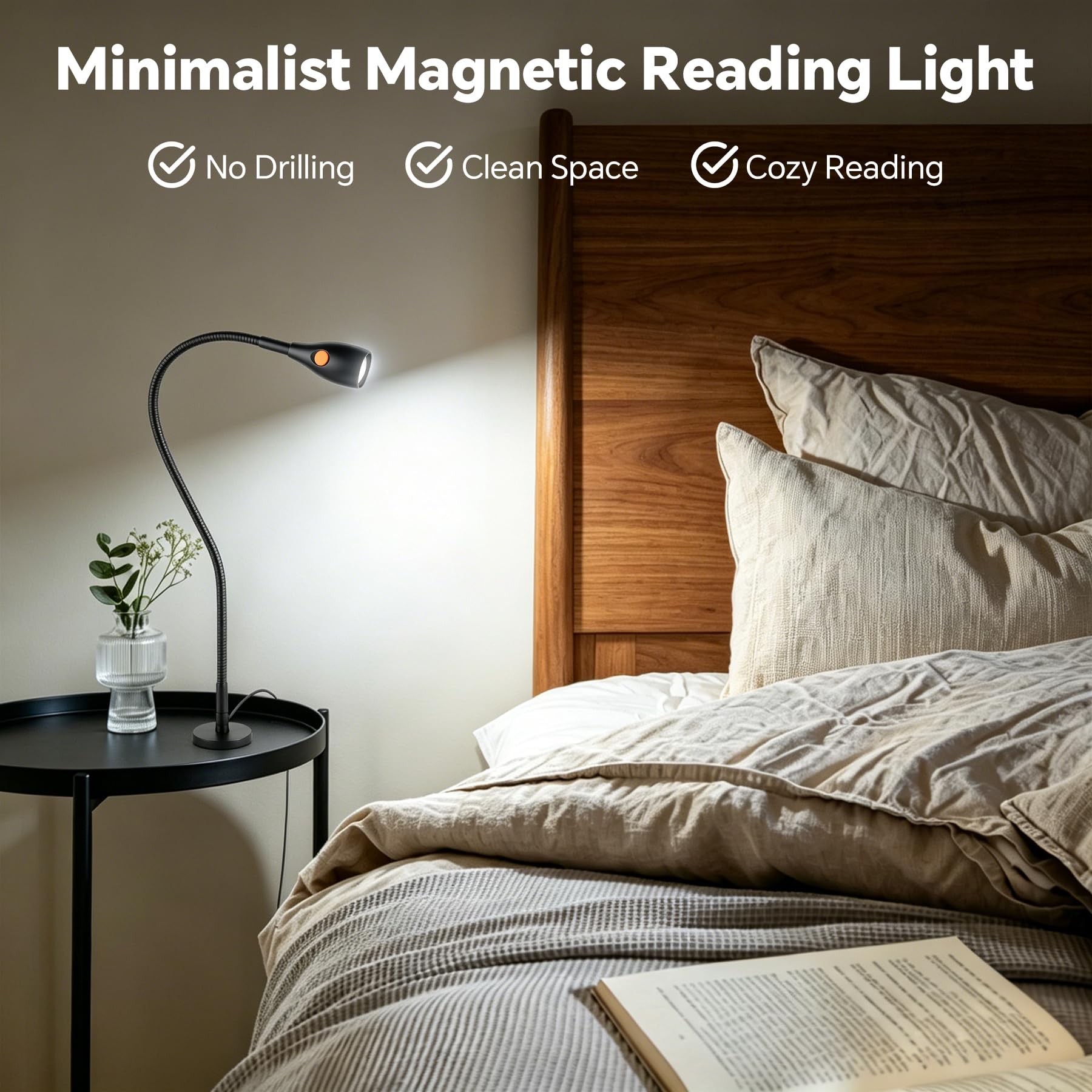 acegoo Magnetische Leselampe, Vollmetall Bett Lampe mit Flexible für Nachttisch und Buch Dimmbar, praktischer Schalter am Lampenkopf, 3000K/Amber LED CRI 90 (Schwarz)