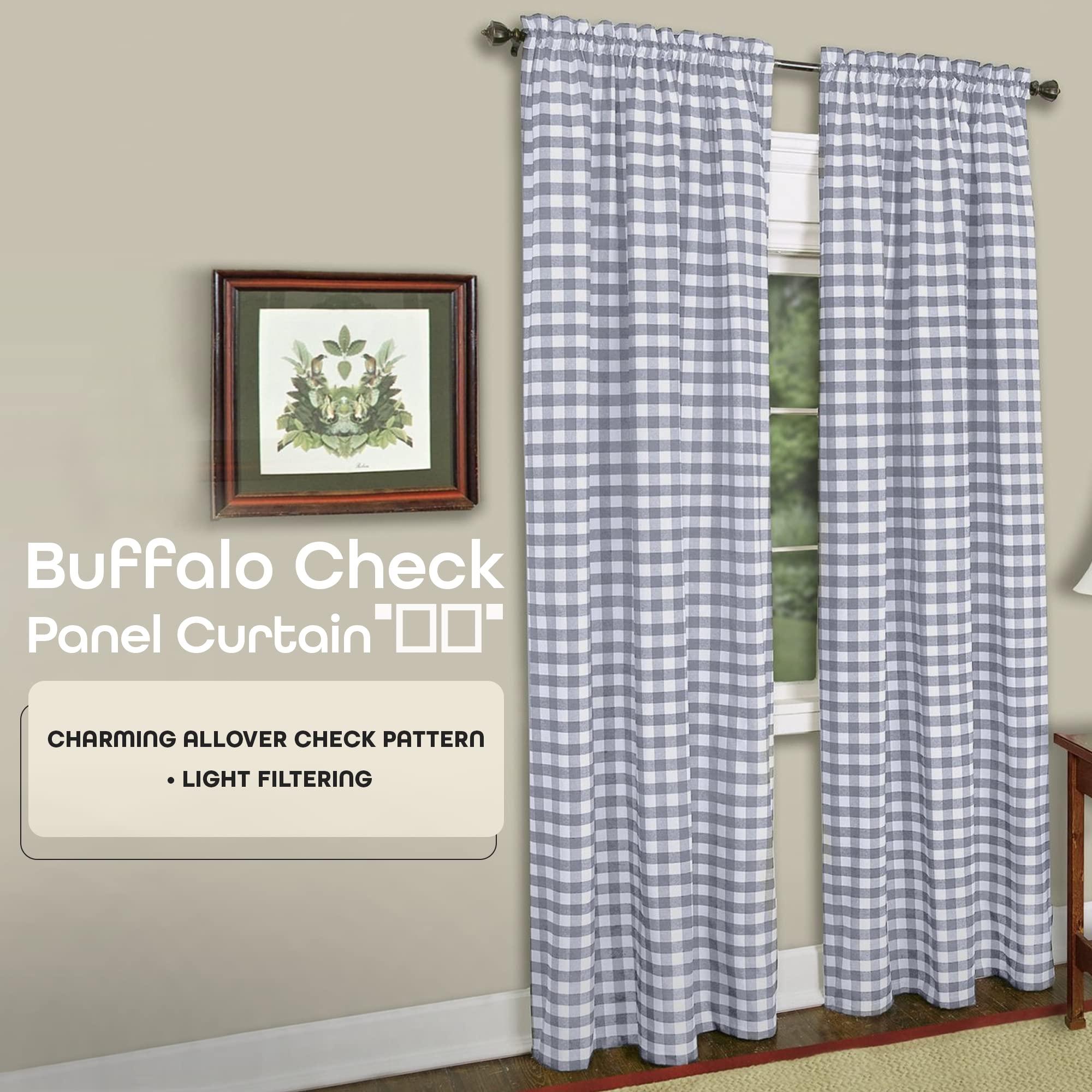 Buffalo Check Panel Window Curtain, 42 Inch Width, 63 Inch Length, Grey & White Plaid - Image 2