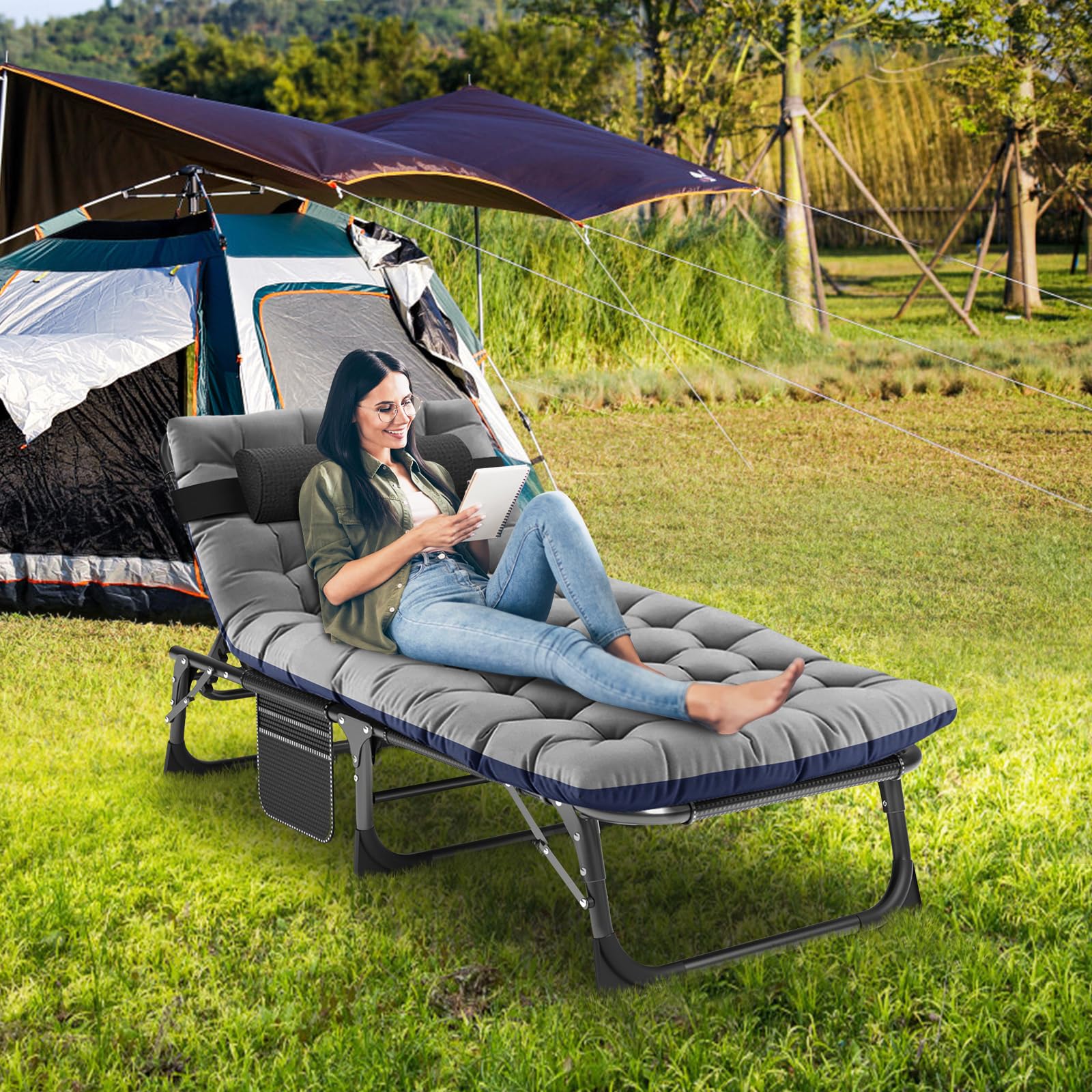 Sonnenliege Klappbar Gartenliege Liegestuhl 200KG Belastbarkeit mit Matratze, verstellbare Rückenlehne Relaxliege für Balkon und Garten, Kann als Gästebett und Campingbett