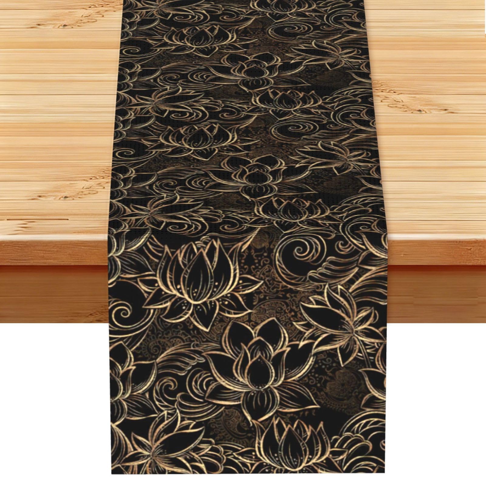 Boho Gold Lotus Flowers Multi Purpose Table Runner for Home Decor, Printed Table Cloth for Kitchen Table, Countertops & Dining Area