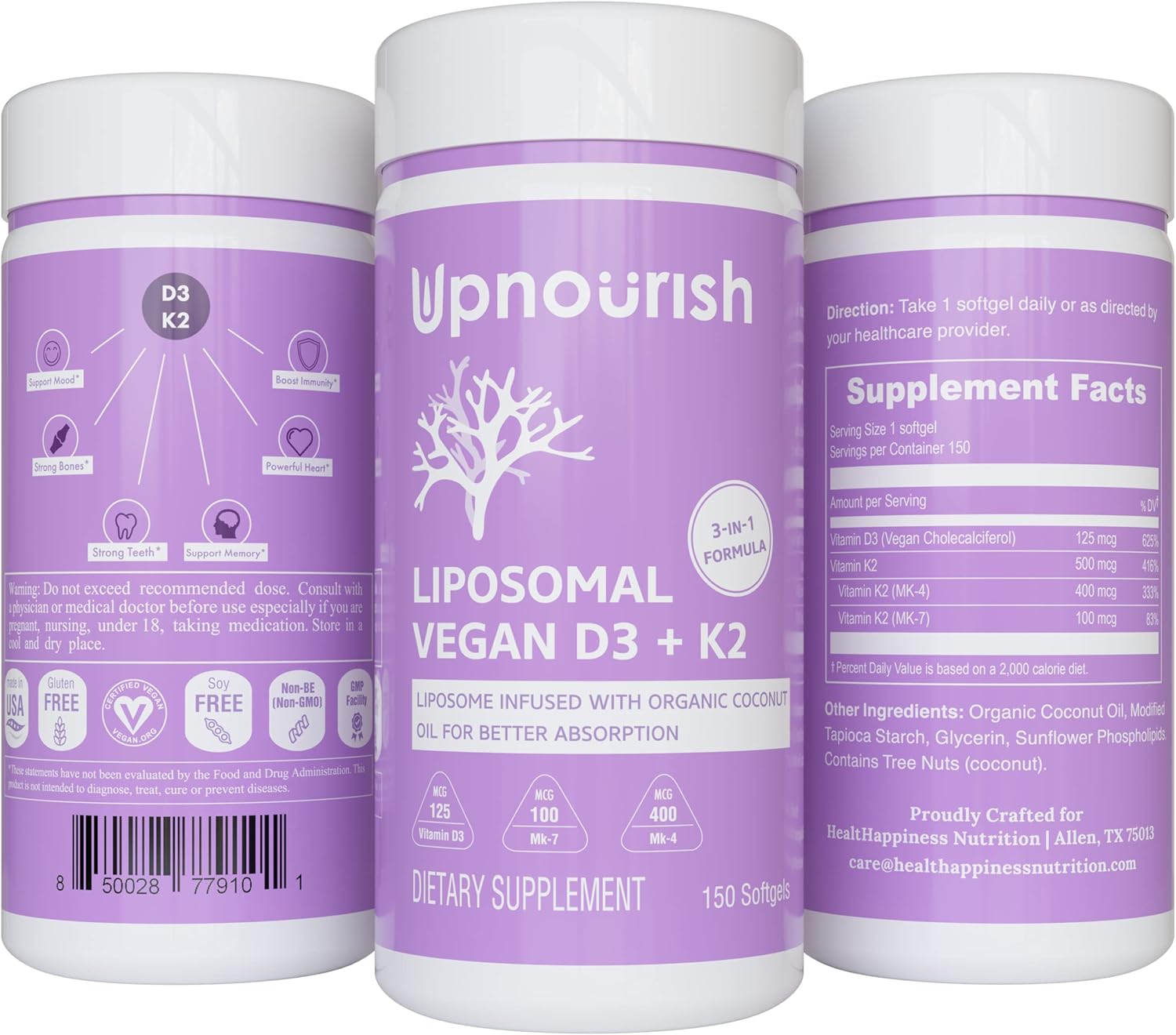 Buy UpNourish Certified Vegan Vitamin D3 5000 IU K2 MK4 MK7 500 mcg