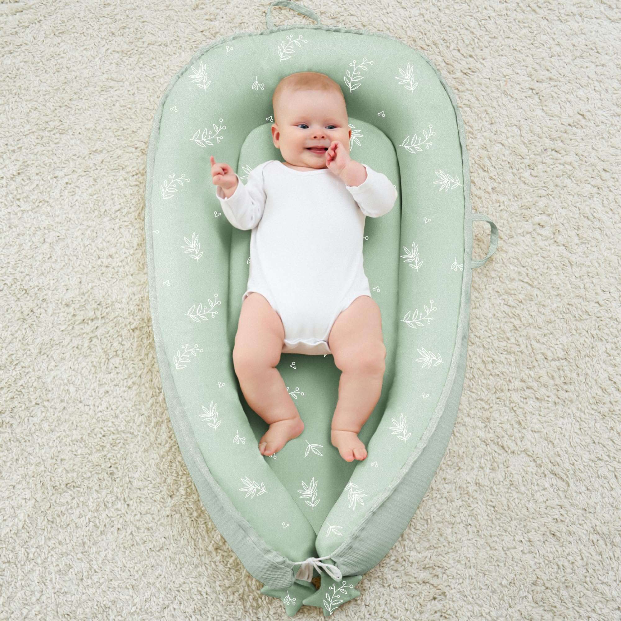 Susurration Baby-Nestchen für Neugeborene, tragbare glatte Mikrofaser, Baby-Liege, Schlafkissen, Baby-Essentials Geschenke für Jungen und Mädchen, Zuhause und Reisen (grüner Bambus)