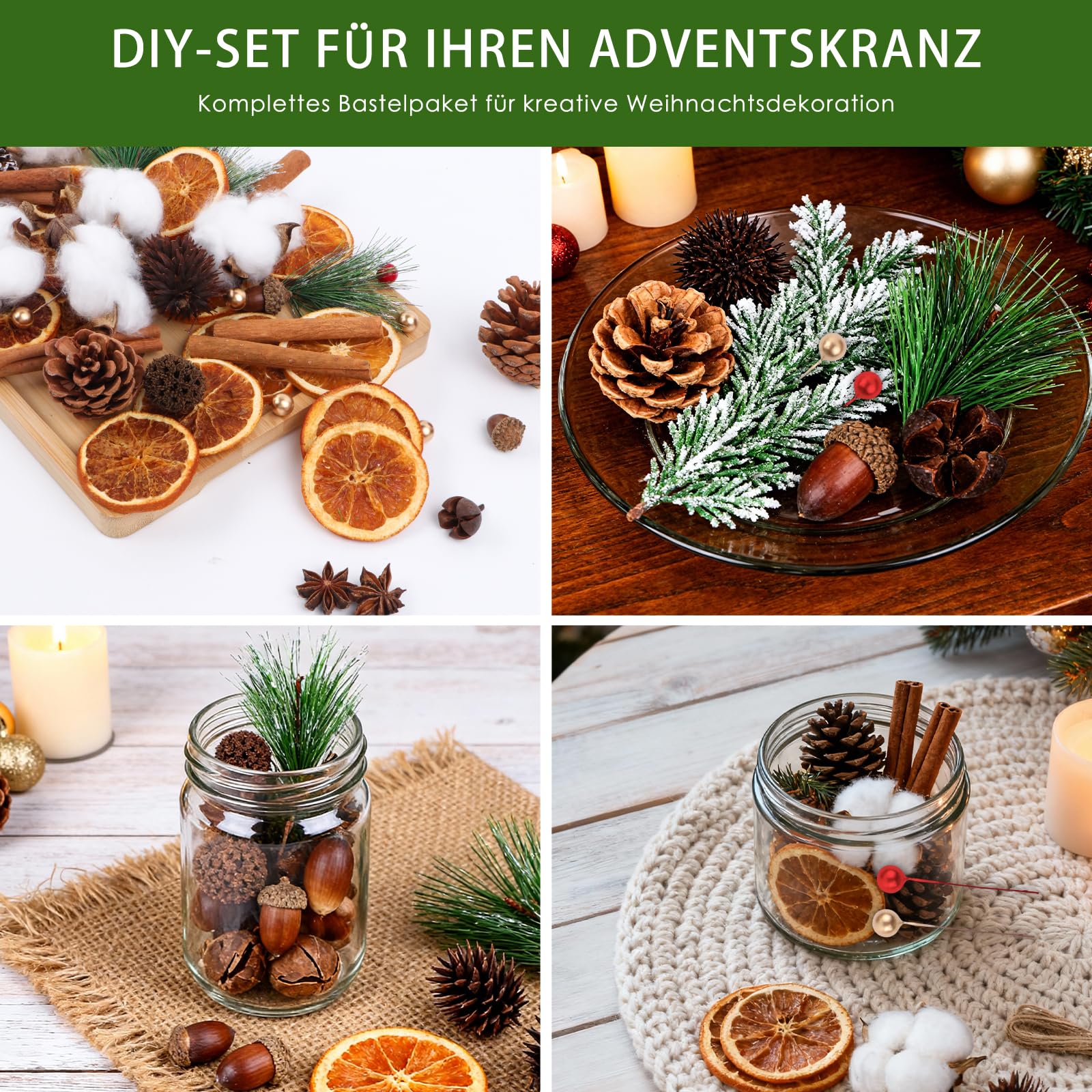 Set di 170 pezzi per corona di Natale - Accessori per corona dell'Avvento con cotone, fette di arancia essiccate, bastoncini di cannella, anice stellato, noci, pigne, bacche, rami di abete