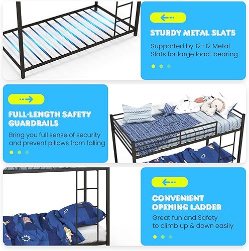 Miniatura 4 de GOFLAME Litera de tamaño individual sobre individual, litera con marco de metal con escalera y barandilla de protección, marco de cama con listones