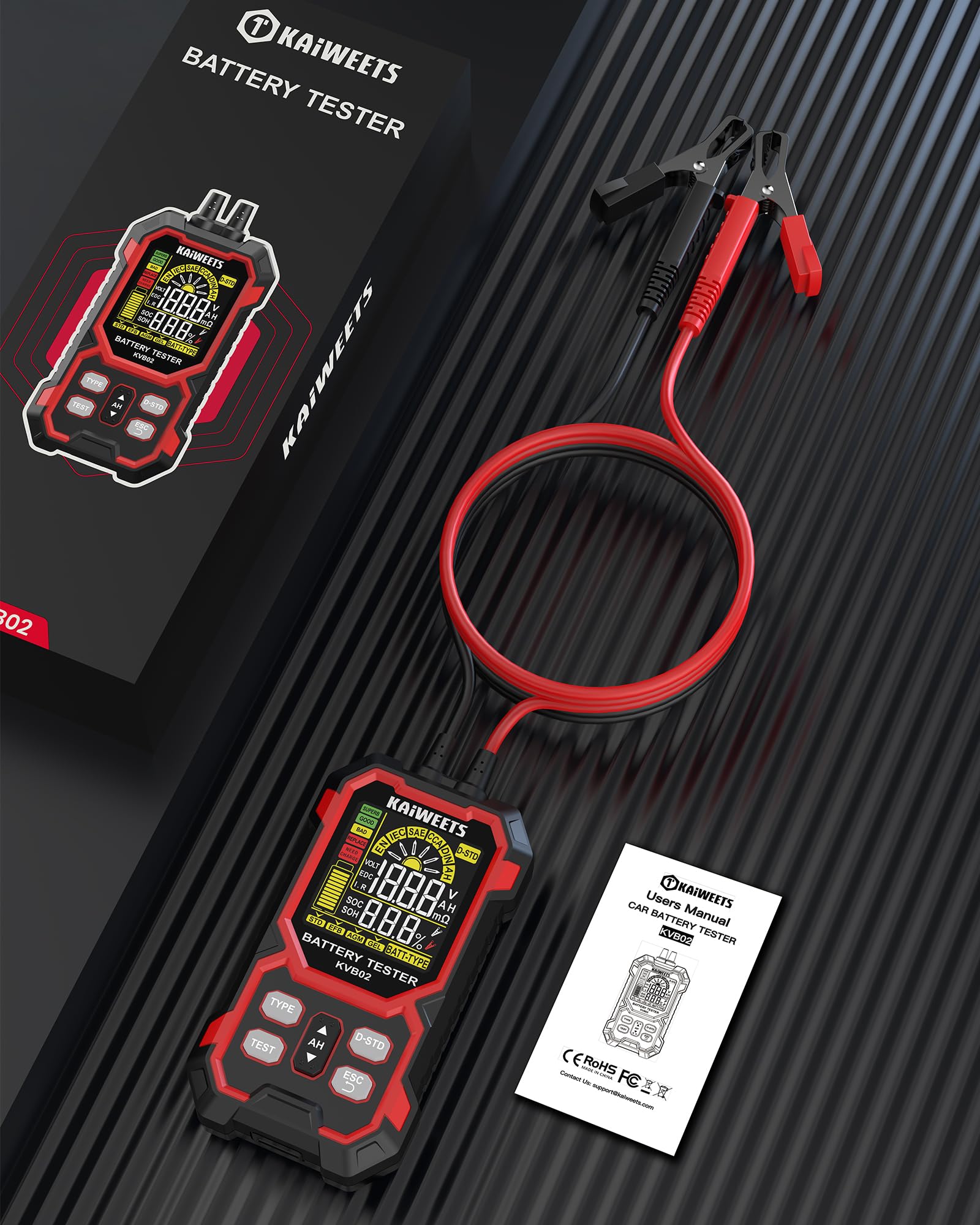 KAIWEETS Tester Batteria Auto 12V/24V Digitale Test Batteria Auto 50–2000 CCA con Analisi SOH/SOC Display LCD Test Avviamento per Veicolo/SUV/Veicolo