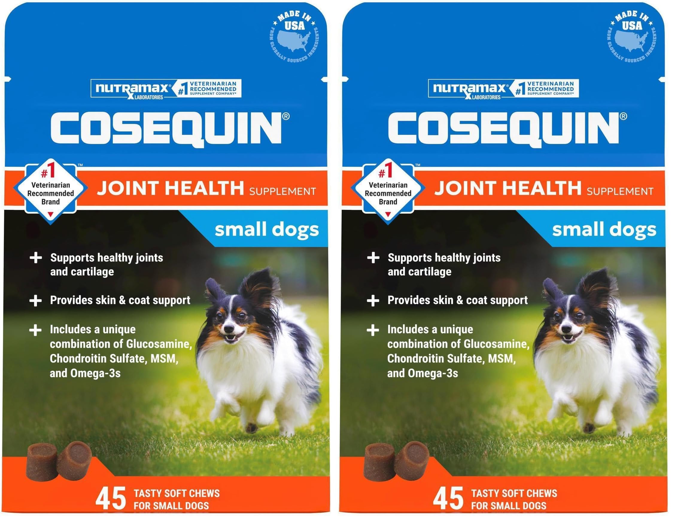 Nutramax Laboratories Suplemento articular para cães de pequeno porte com glucosamina, condroitina, MSM e ômega-3, mastigáveis macios, 90 unidades