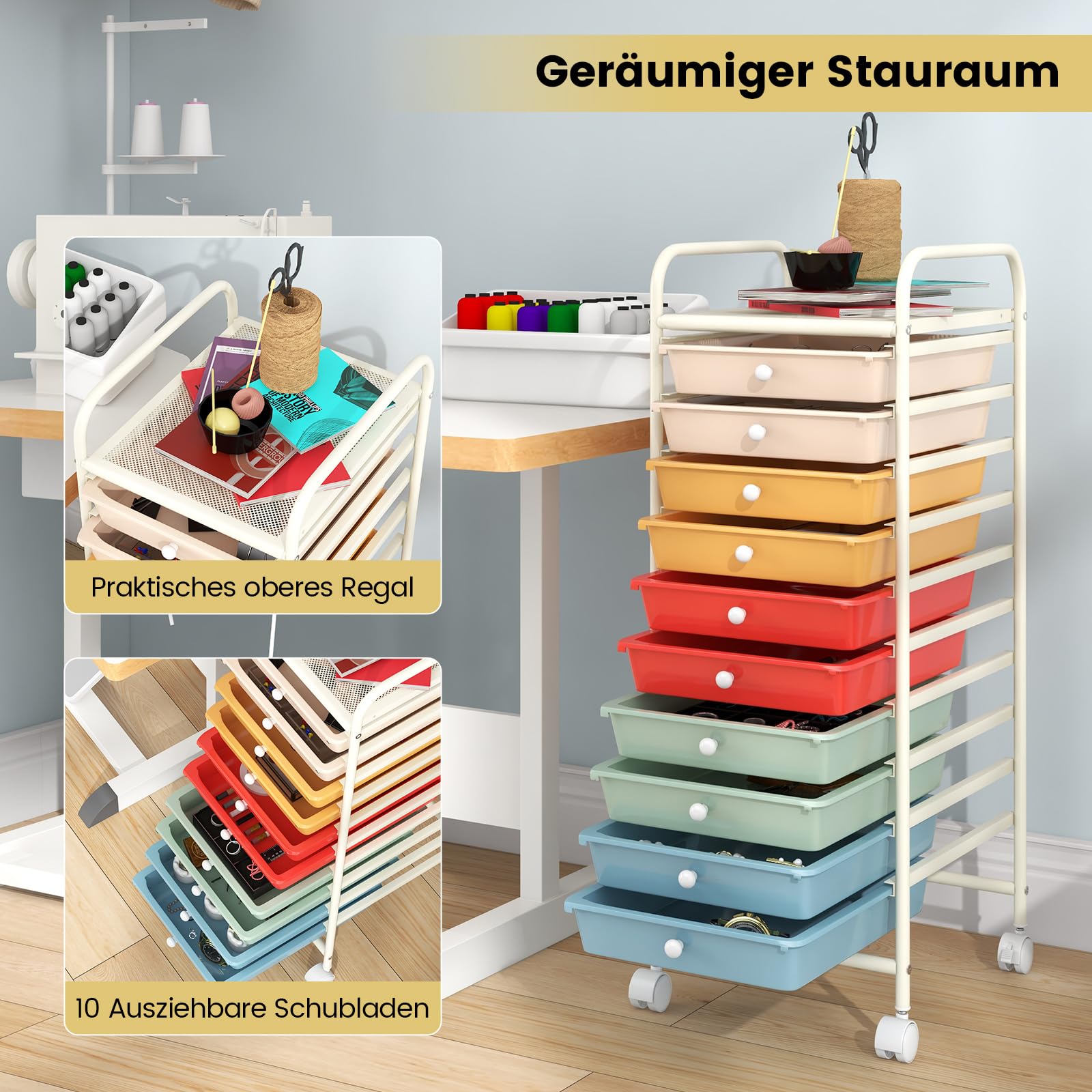 GOPLUS Rollwagen mit 10 Schubladen, Rollregal Badrollwagen, Beistellwagen Haushaltswagen Rollcontainer Badrollwagen Badtrolley Badregal (Macaron bunt)