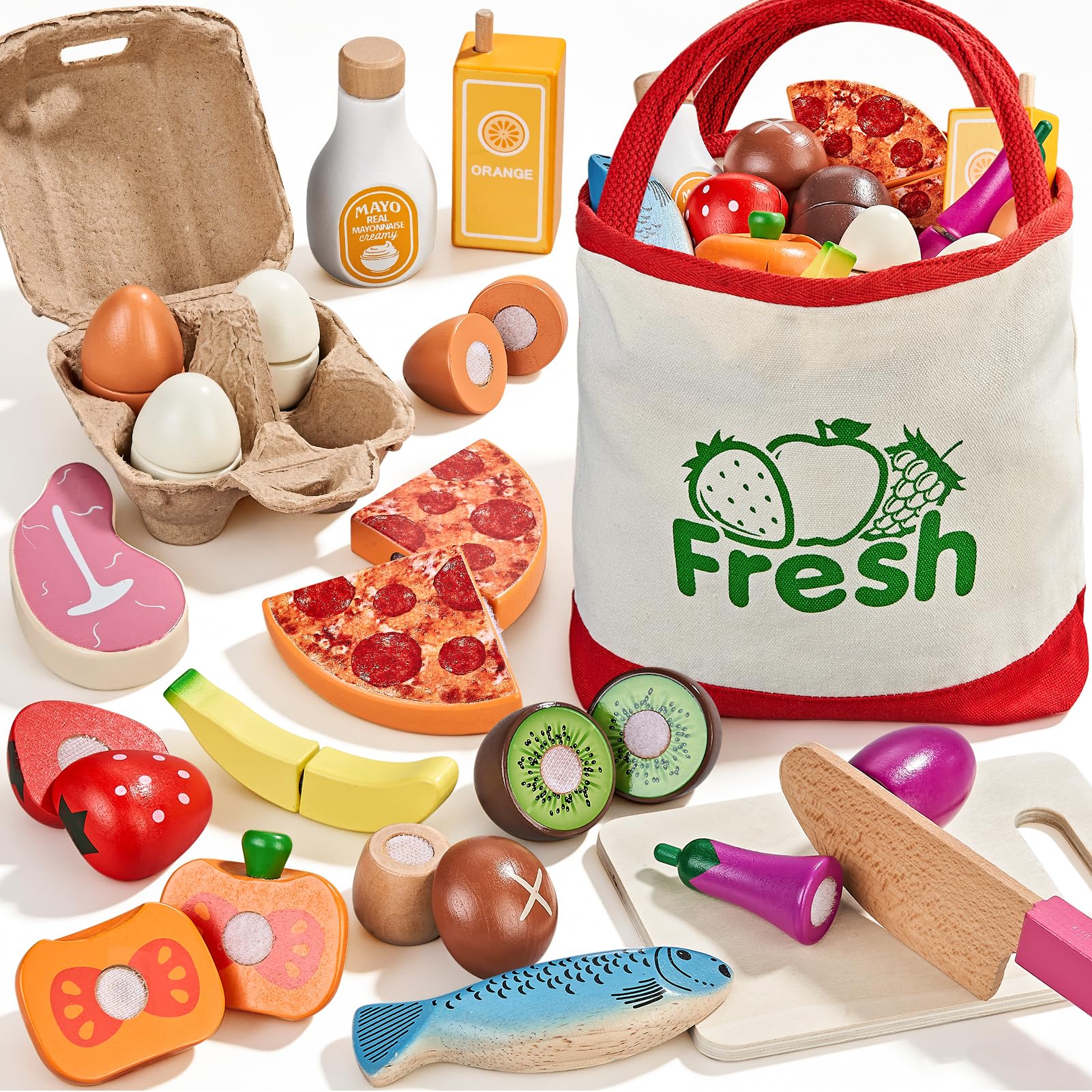 LAUGIGLE Wooden Play Food Set for Kids Kitchen, Montessori Toy Food Play Toy Food Food Play Accessories Cutting Fake Food Tote Bag, prezent urodzinowy