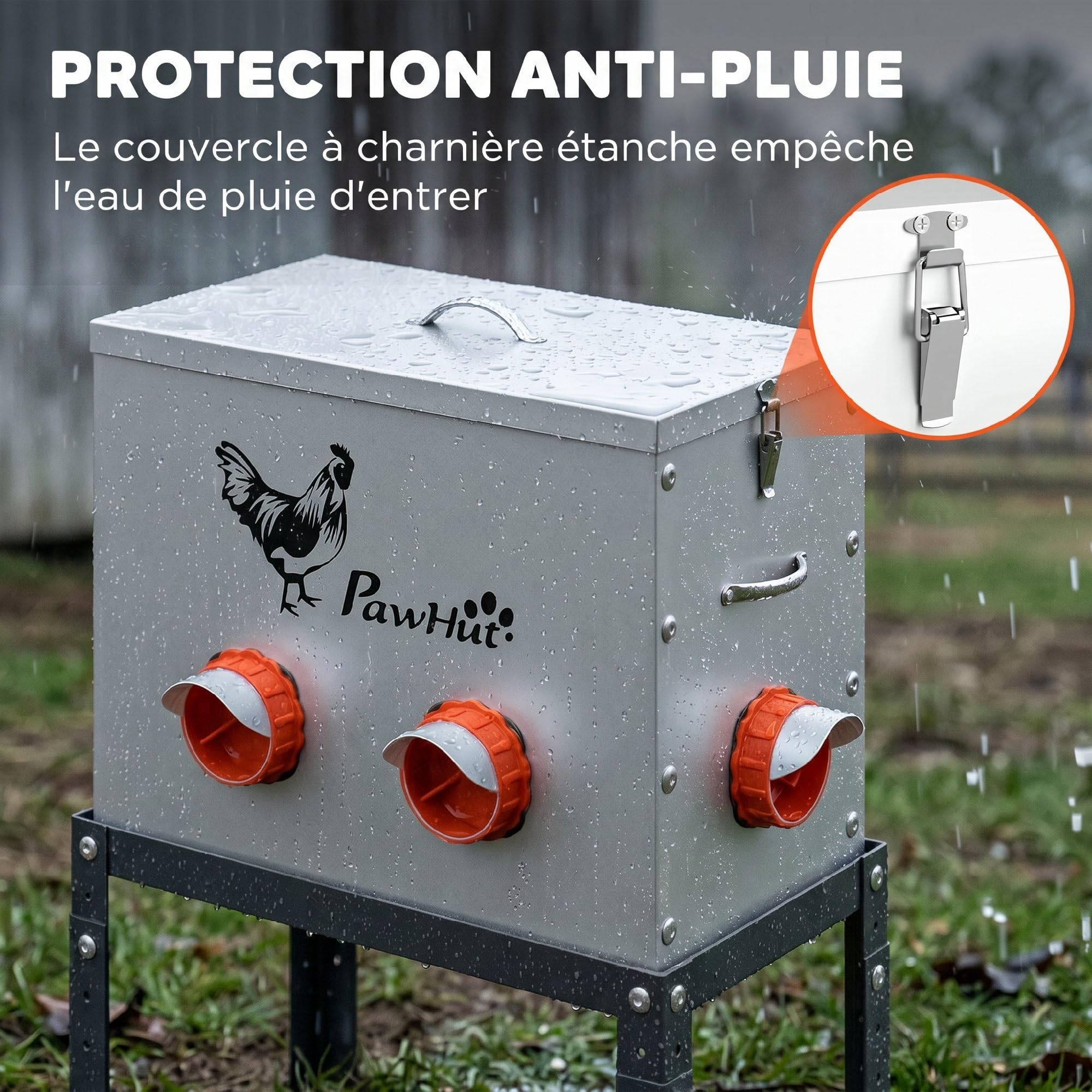 PawHut Mangeoire Automatique à Poulet 27 L en Acier Galvanisé, 6 Ports, Couvercle Verrouillable, Hauteur Reglable, Anti-Gaspillage, Grande Mangeoire pour Poules Canards, Argent