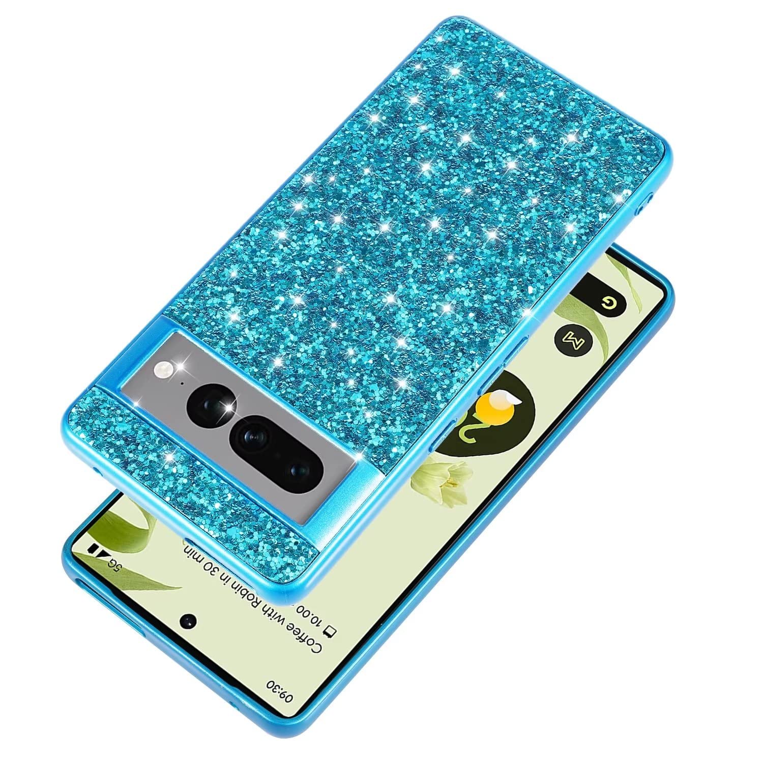 Custodia Glitter Per Google Pixel 7A – Liquido Con Brillantini, Supporto Ad Anello E Cavalletto, Colore Lake Blue, YBH - 3