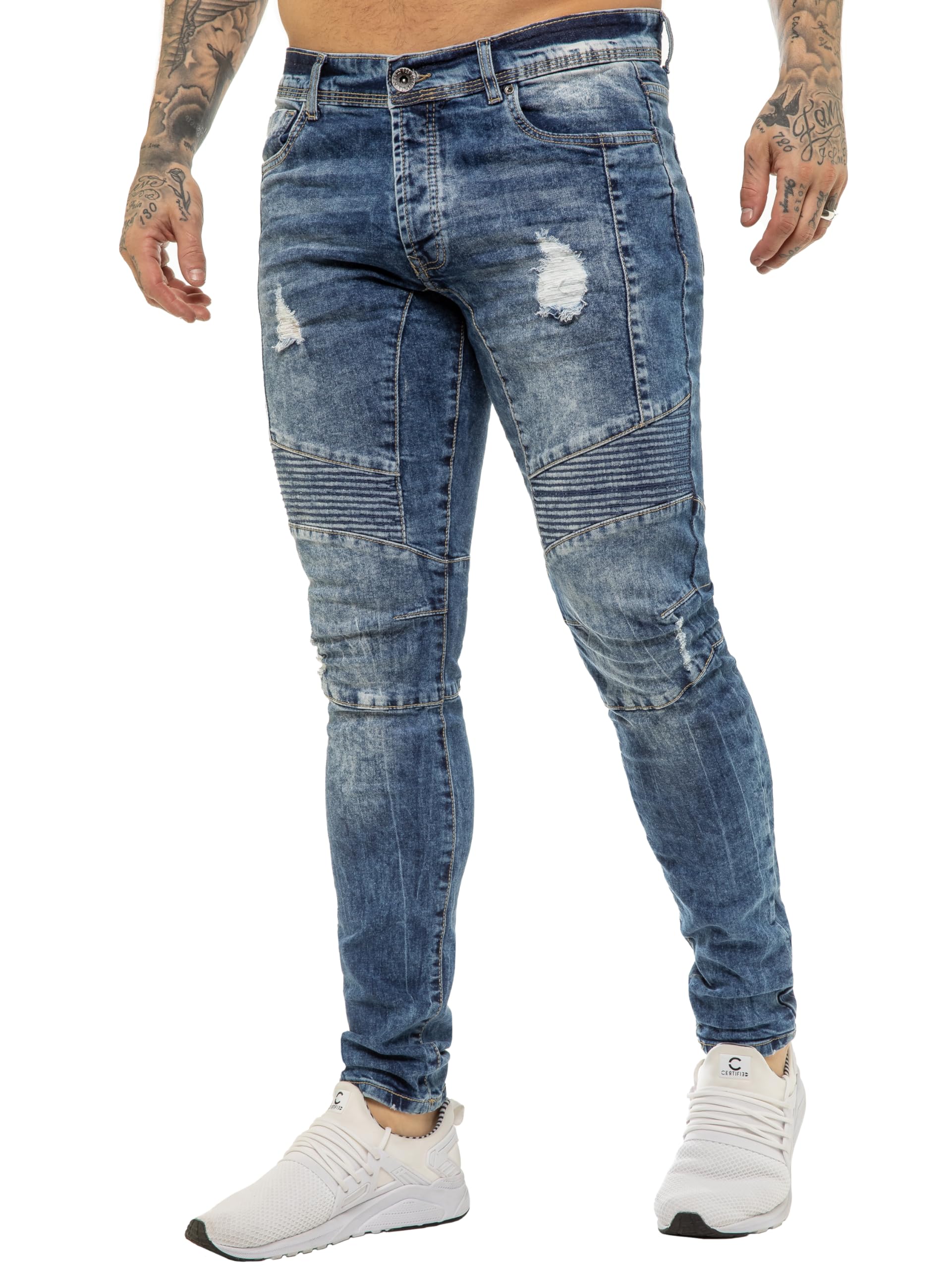 989Zé ENZO Mens Skinny Fit Jeans Casual Stretch Ripped Biker Denim Pants, Blue, 32W x 32L