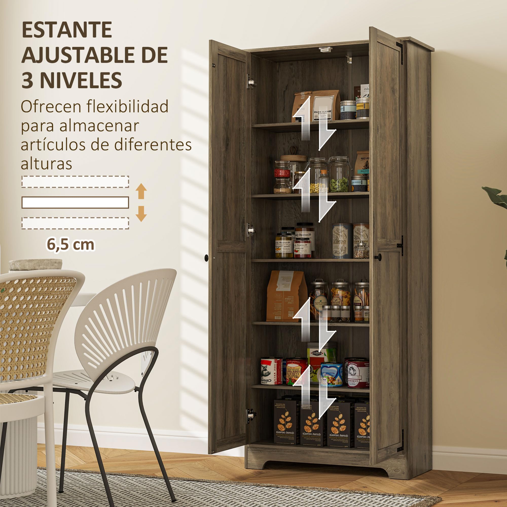 HOMCOM Alacena de Cocina Armario de Cocina Armario de Almacenaje con 2 Puertas y Estantes Ajustables para Comedor Salón 78x31,5x182 cm Marrón Grisáceo