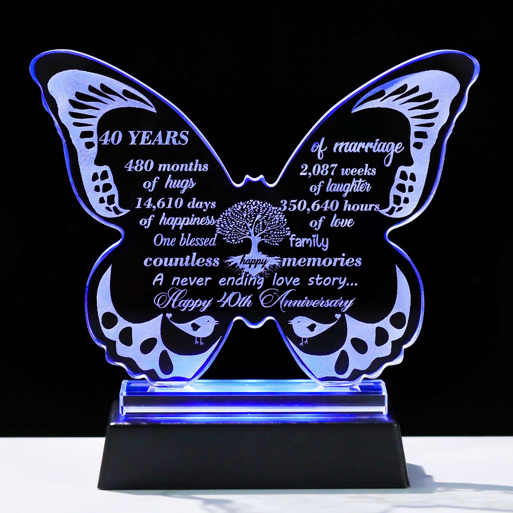 13.6cm Glass Happy 40th Wedding Anniversary Crystal Butterfly Gifts for Parents 40 Years of Love Anniversary Keepsake with LED Base Presents for Wife Friends Women Men