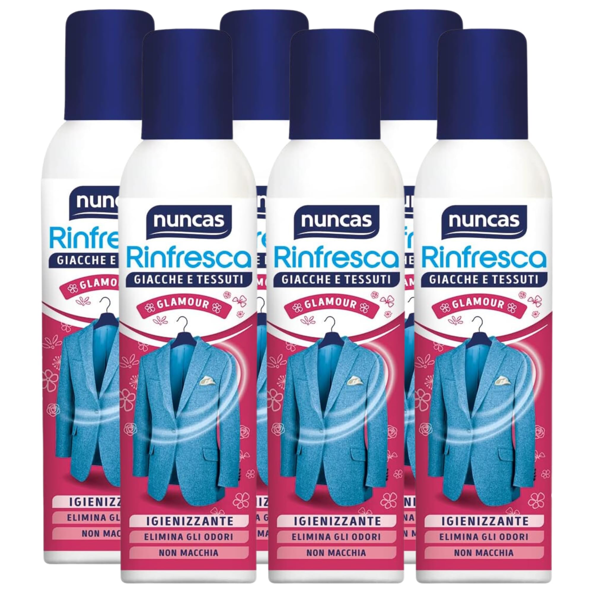 Igienizzante Spray, Rinfresca Giacche e Tessuti, GLAMOUR. Elimina Gli Odori. Non Macchia 250ml (6 Bombolette)
