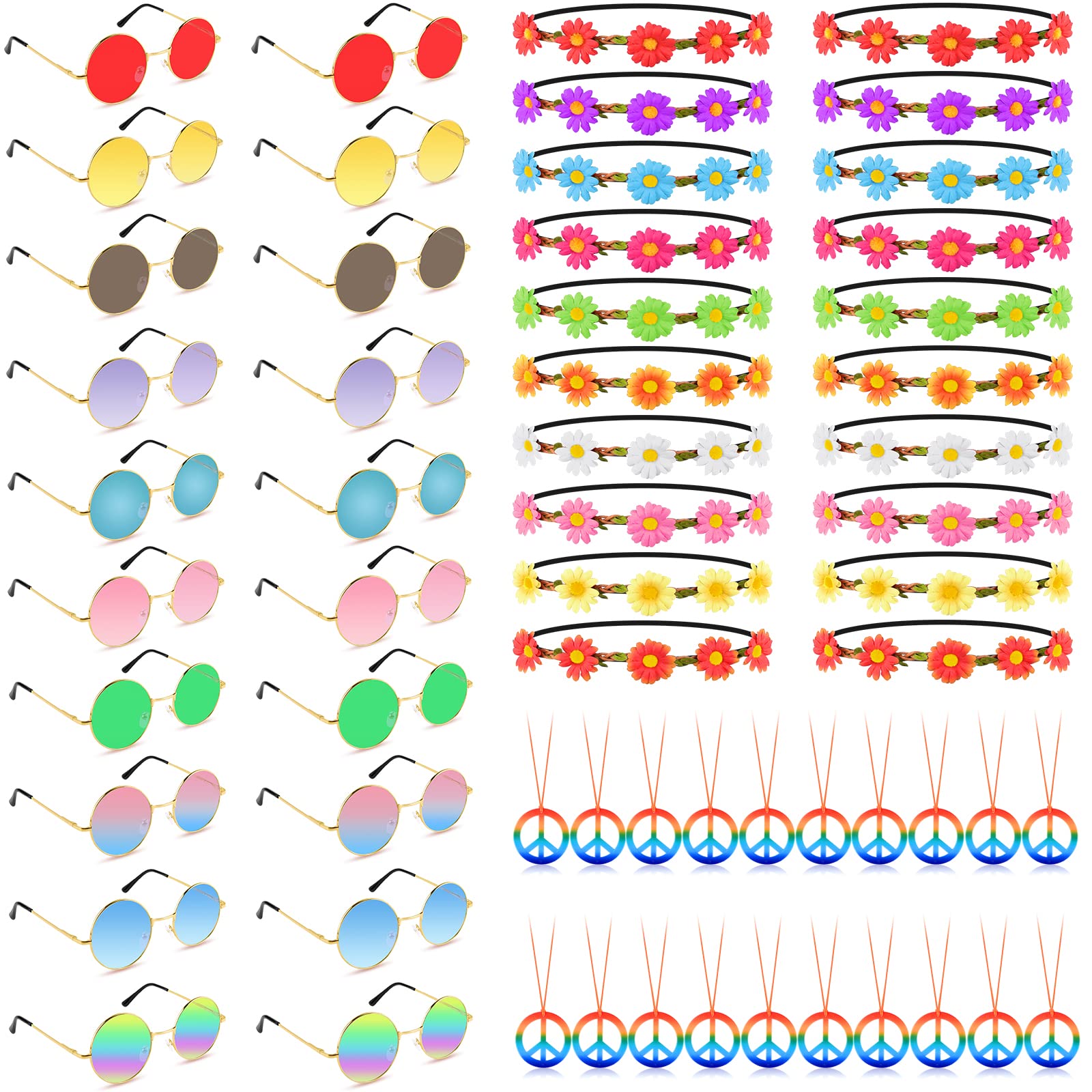 TUPARKA 60PCS Hippie Glasses Headband Costume Accessory Set Includes Multicolor Daisy Flower Headbands， Round Hippie Sunglasses and Peace Sign Necklaces for Hippie Party Supplies for Festival Party