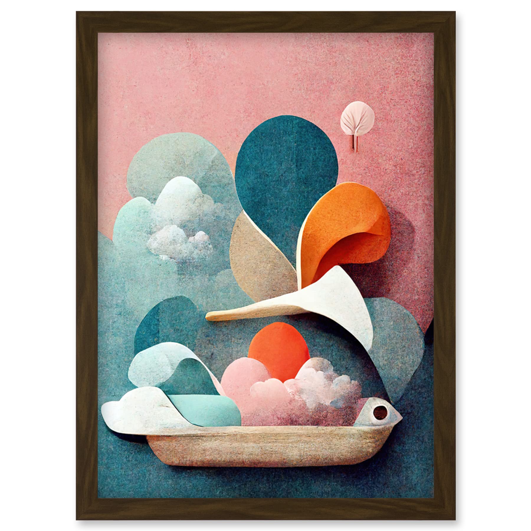 Doppelganger33 LTD Modern Boho Abstract Ship In Sky Clouds In Pastel Colours Toilet Artwork Framed Wall Art Print A4