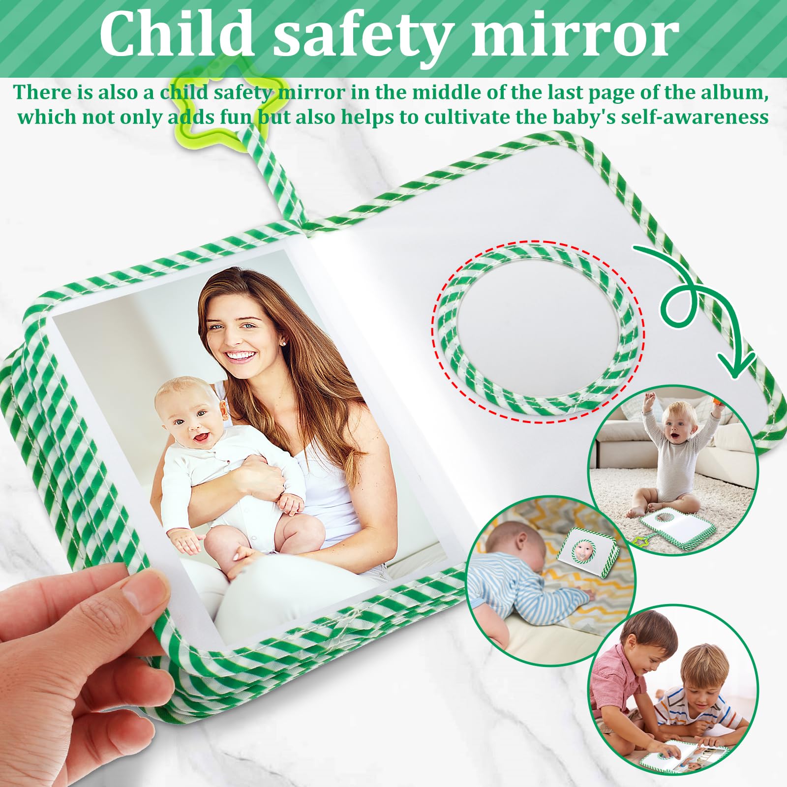 Baby Photo Album Soft Book with Hook Mirror, Babys First Photo Album Hold 17 6x4 Photos Present - Image 4