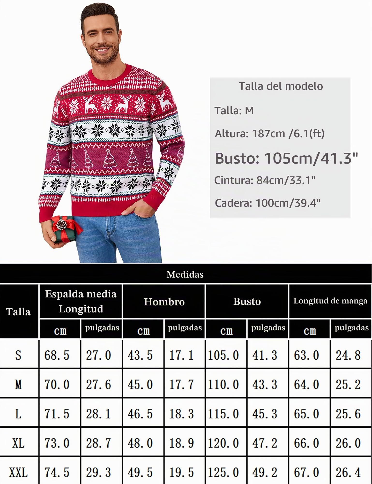 Suéter de Navidad para Hombre Punto Jersey de Invierno con Cuello Redondo Diseño de Renos y Copos de Nieve para Navidad S-XXL