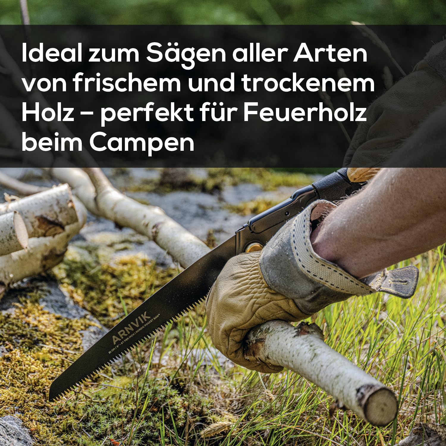 Nordic Astsäge für Gartenarbeit & Klappsäge Outdoor Bushcraft – Arnvik – 8 Zähne pro 2,5 cm – 21 cm Gehärtetes SK5-Stahlblatt – Handsäge Holz für Bäume in Ihrem Garten oder Brennholz beim Camping