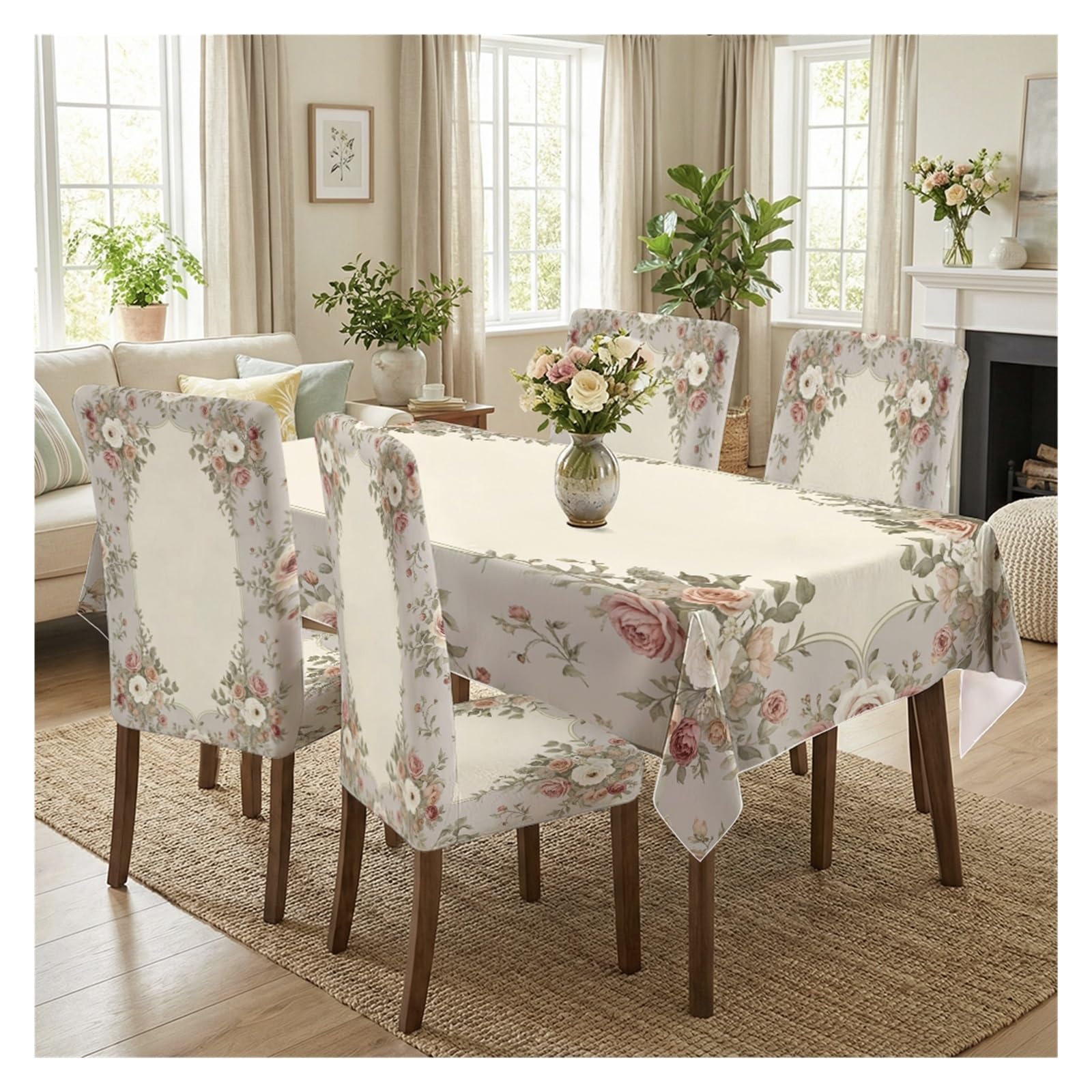 Vintage Muted Rose Arch Frame Dining Tablecloth Set, 5/7 Piece Floral Table Cover & Chair Covers For Cottage, Tea Room, Classic & Soft Home Gathering Table Setting(5pcs Set: Tablecloth+Chair Covers)