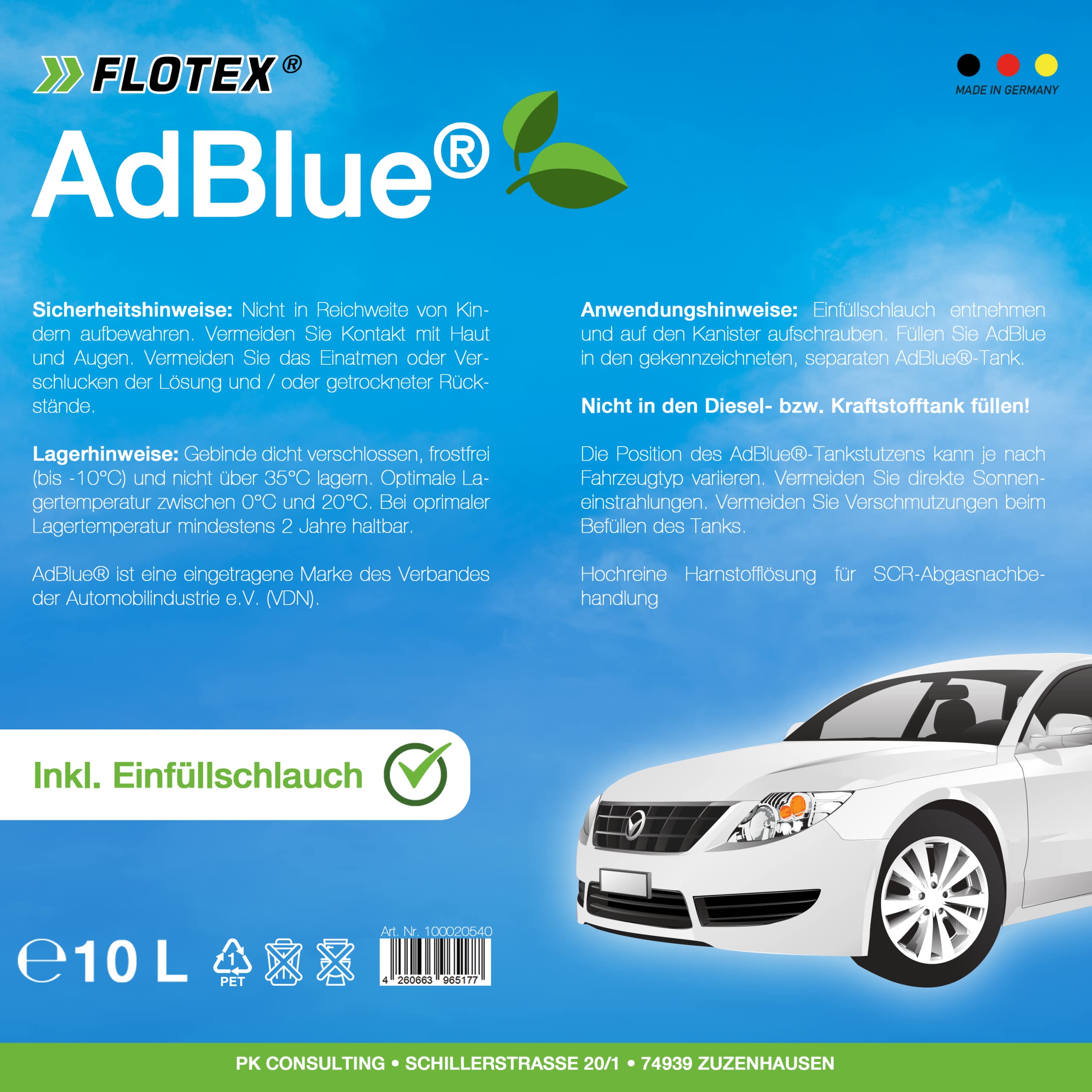 AdBlue 2 x 10 Liter für Diesel Motoren - Hochreine Harnstofflösung für SCR-Abgasnachbehandlung – ISO 22241 Zertifiziert - Inkl. praktischem Ausgießer