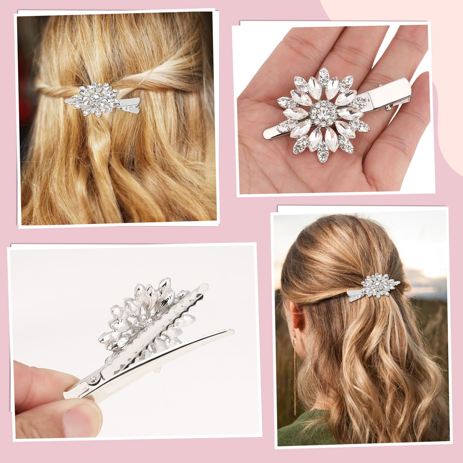 2PCS Crystal Rhinestone Flower Hair Clip Bling Accessories for Women Bride Bridesmaid French Hairpins Fancy Barrettes Hair Jewelry - Image 4
